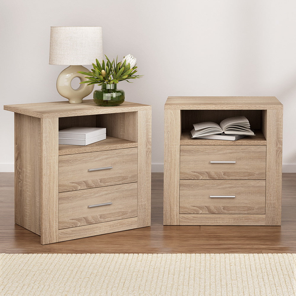 Artiss 2X Bedside Table 2 Drawers with Shelf - TARA Oak