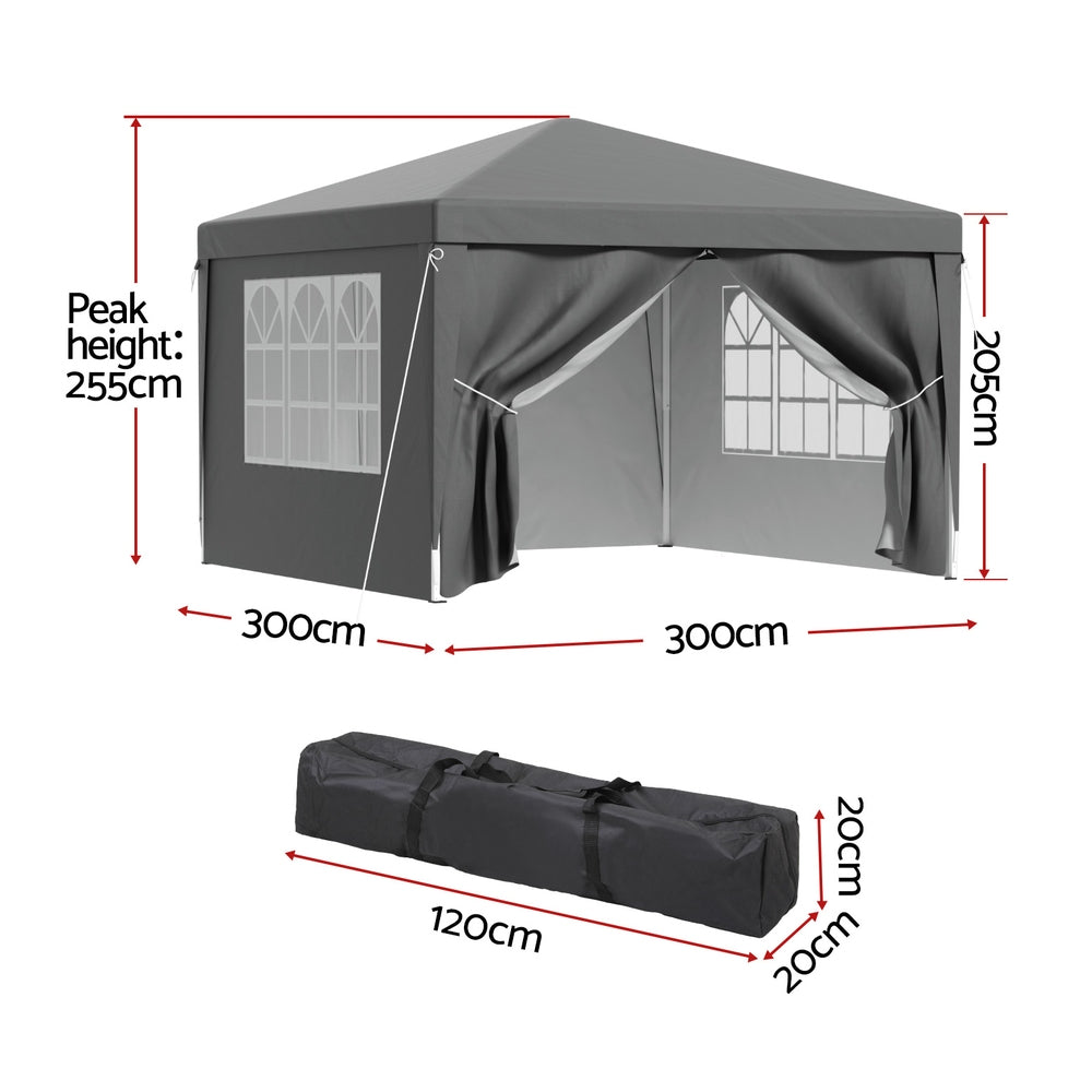 Instahut Gazebo 3x3 Pop Up Marquee Folding Tent Wedding Gazebos Camping Outdoor Shade Canopy Gray