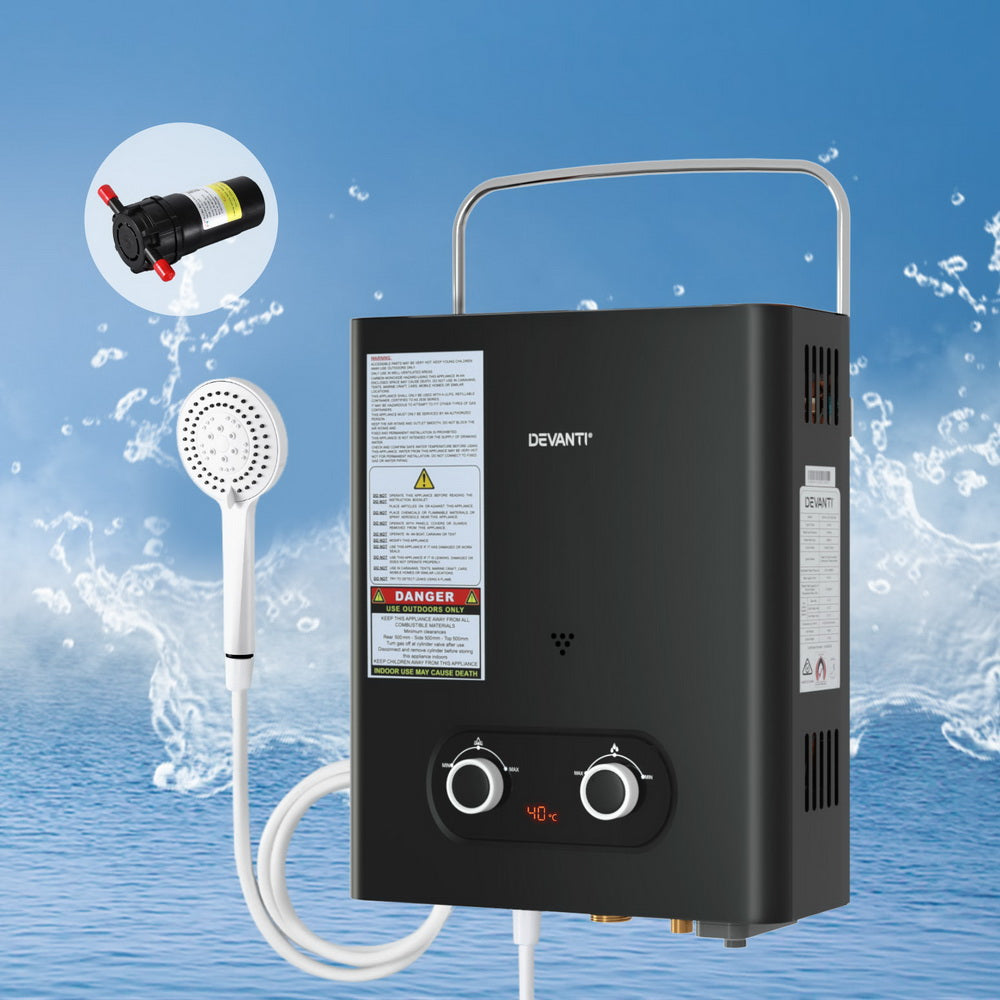 Devanti Portable Gas Water Heater LPG-powered System Black With Pump
