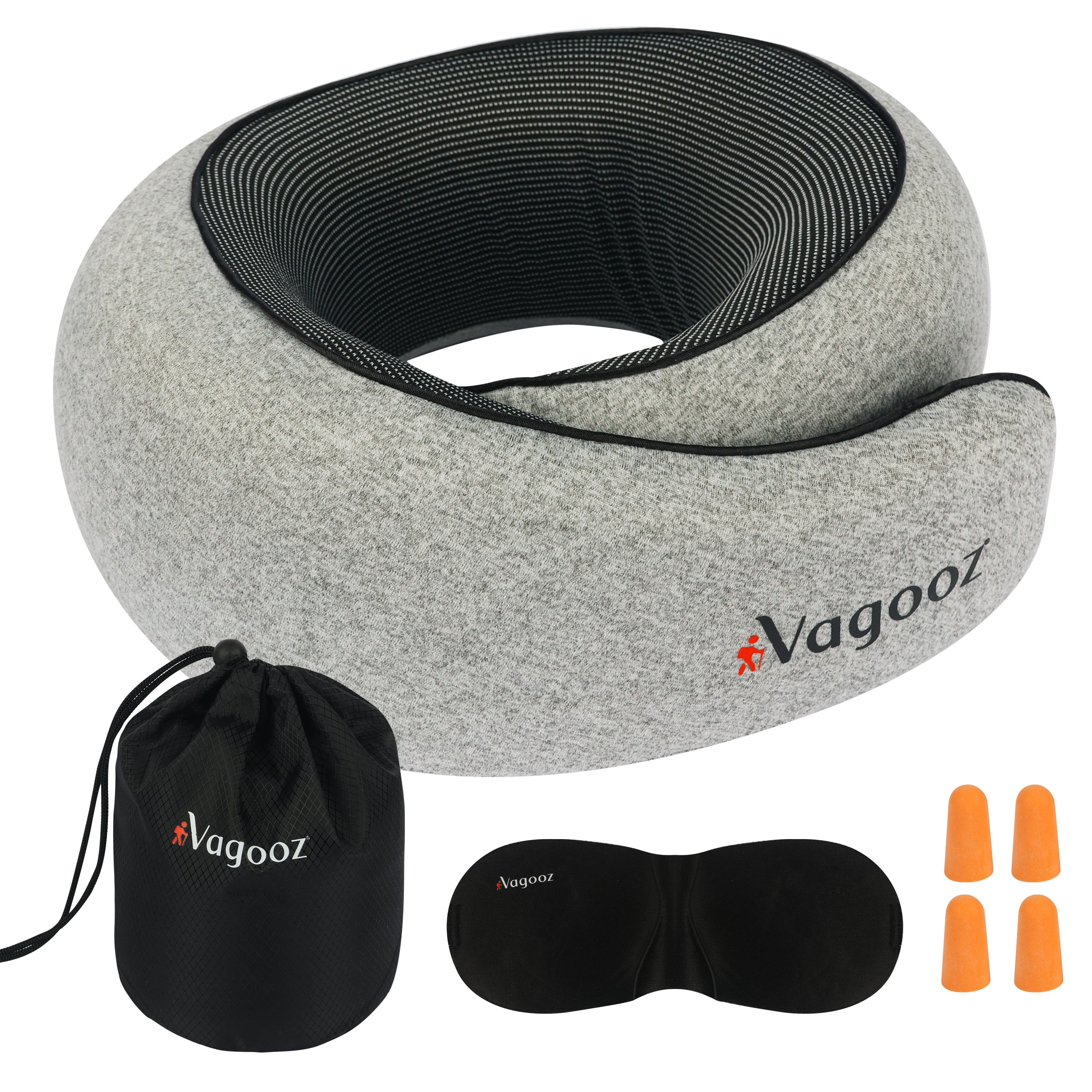 Vagooz Memory Foam Travel Pillow 360° Neck Support with Eye Cover & Earplugs – Grey