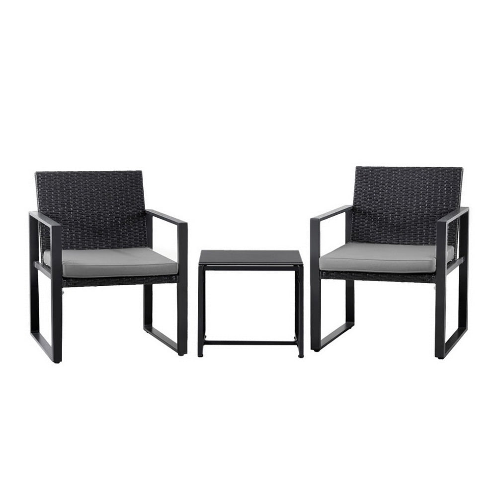 Gardeon 3PC Outdoor Bistro Set Patio Furniture Wicker Dining Chairs Table Cushion Black