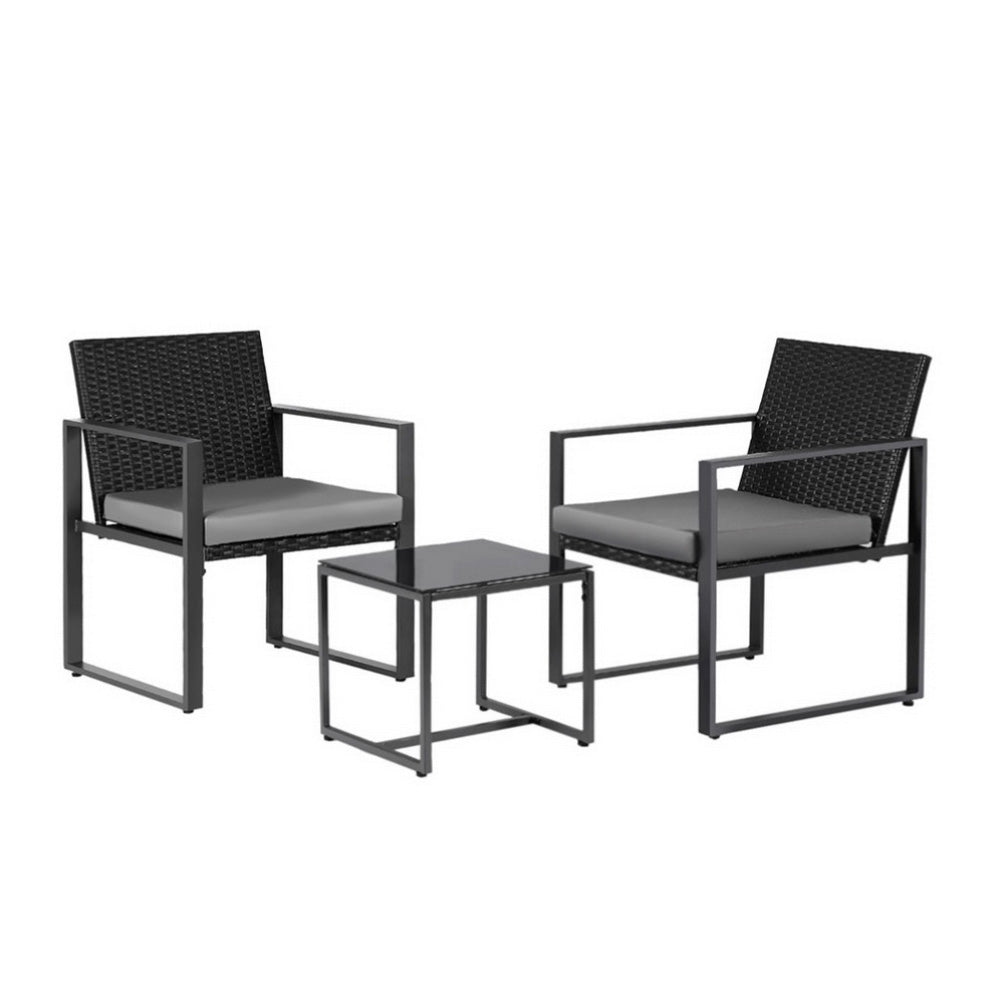 Gardeon 3PC Outdoor Bistro Set Patio Furniture Wicker Dining Chairs Table Cushion Black