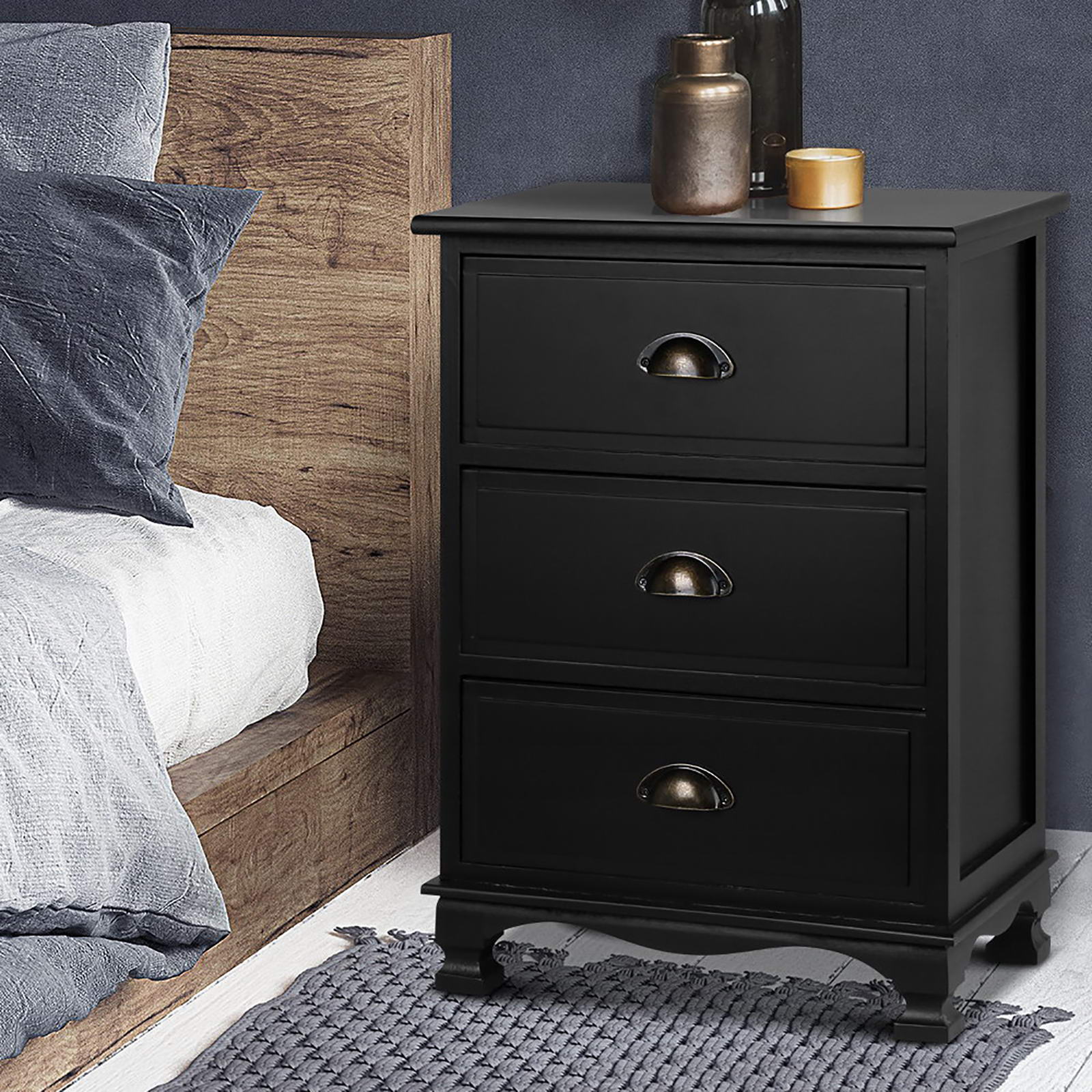 Artiss 2x Bedside Table 3 Drawers Vintage - Black