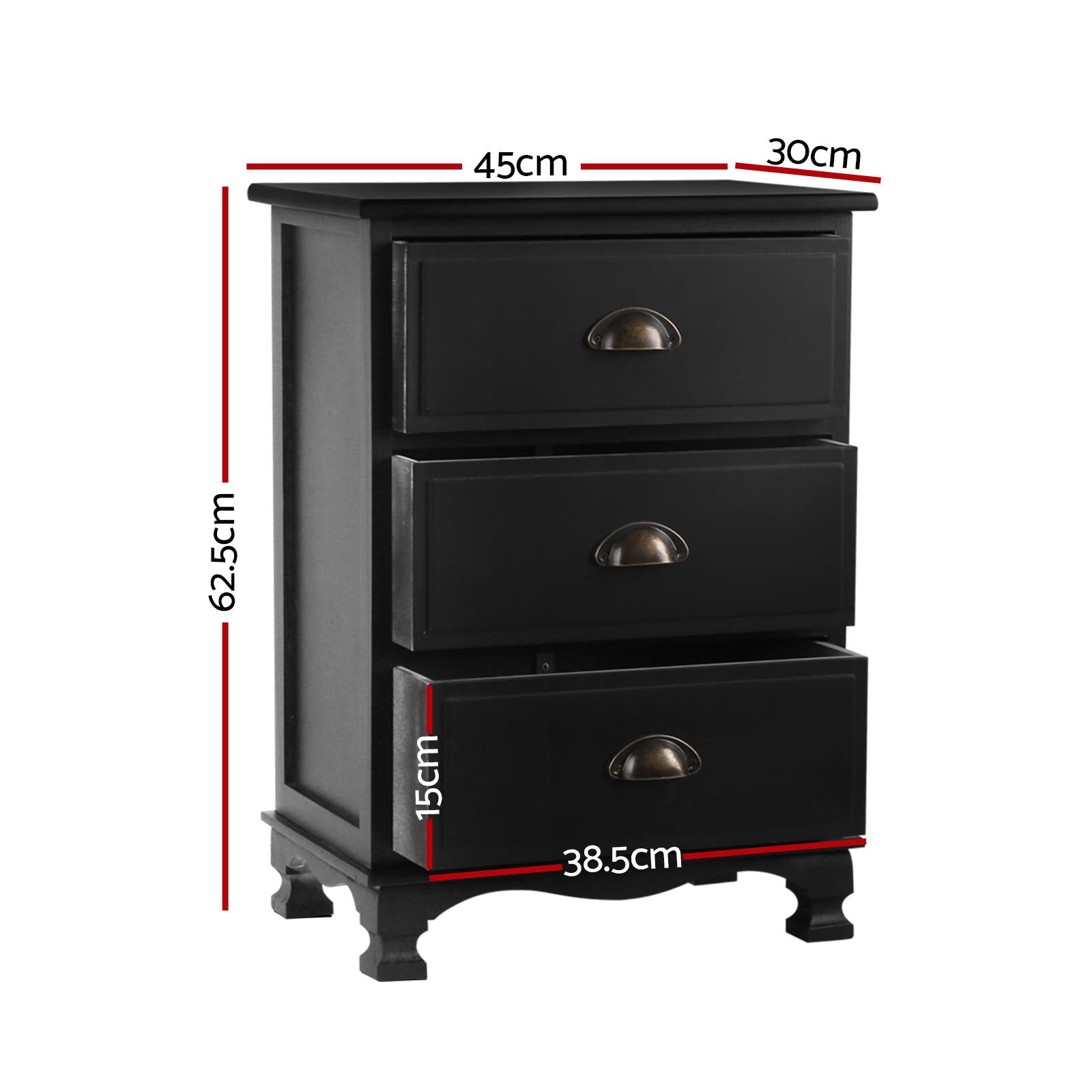 Artiss 2x Bedside Table 3 Drawers Vintage - Black