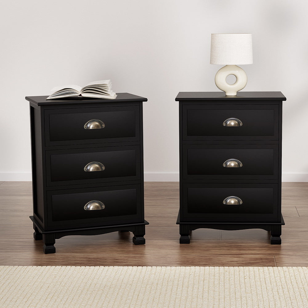 Artiss 2x Bedside Table 3 Drawers Vintage - Black