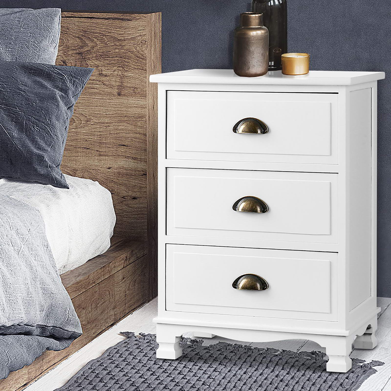 Artiss 2x Bedside Table 3 Drawers Vintage - White