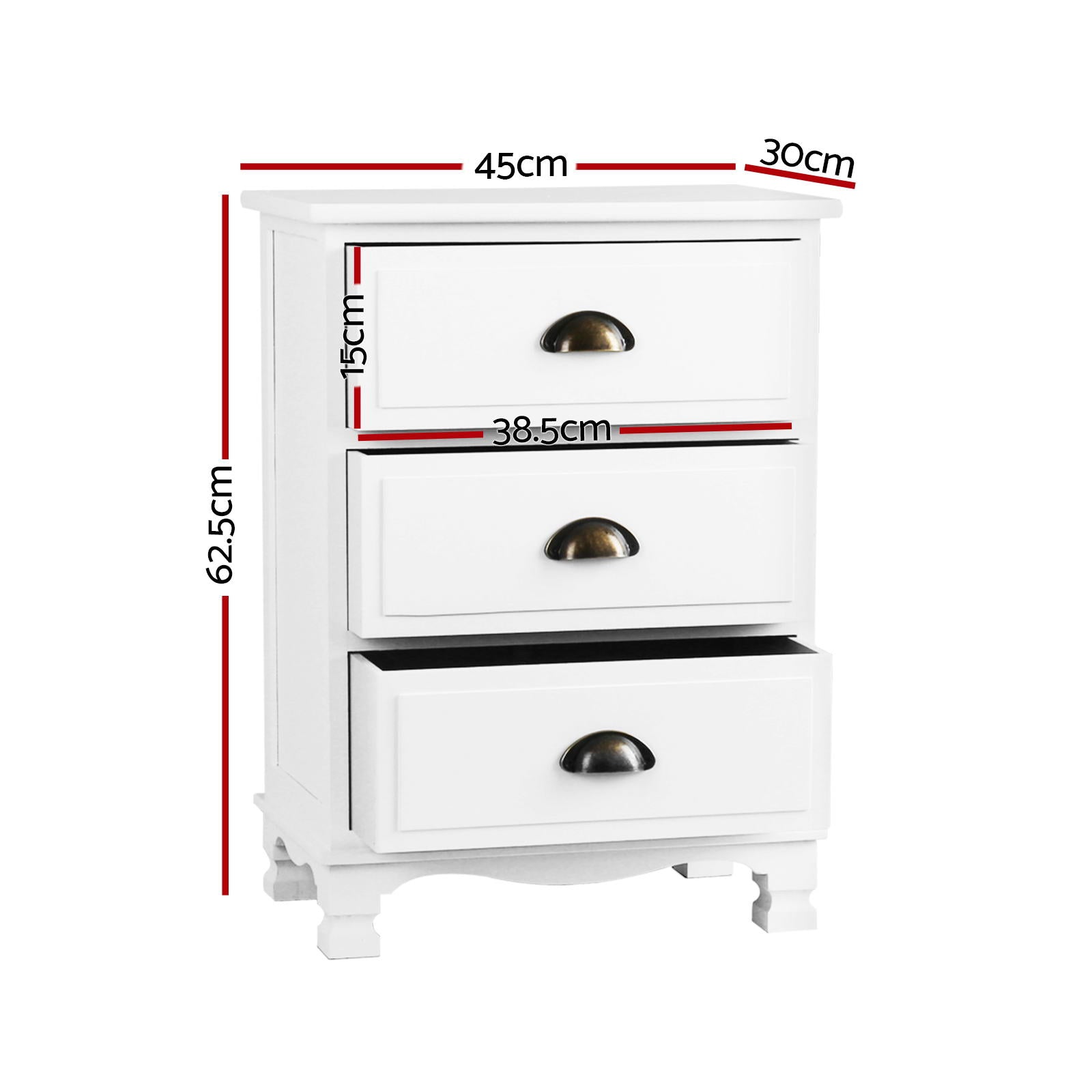 Artiss 2x Bedside Table 3 Drawers Vintage - White