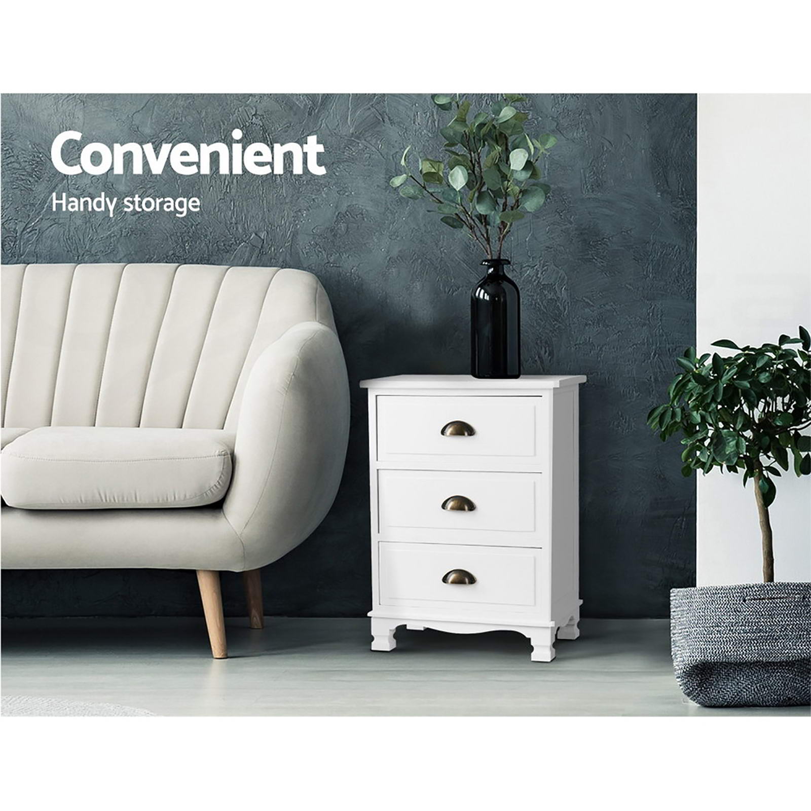 Artiss 2x Bedside Table 3 Drawers Vintage - White