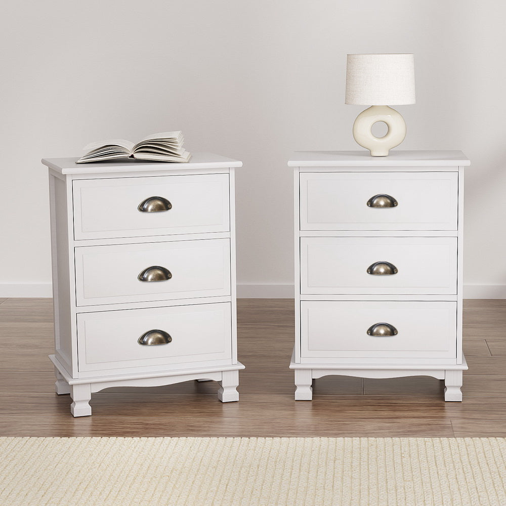 Artiss 2x Bedside Table 3 Drawers Vintage - White