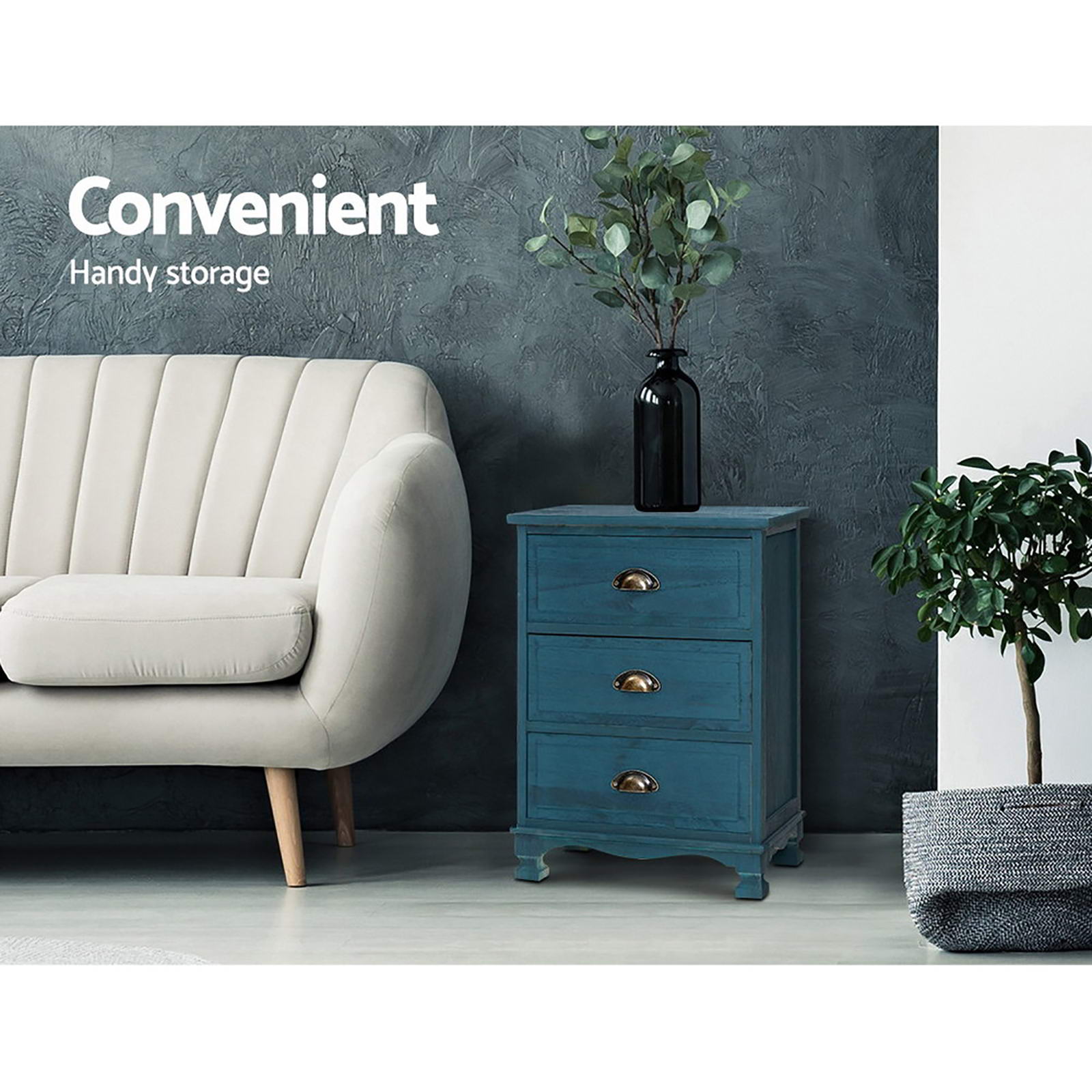 Artiss 2x Bedside Table 3 Drawers Vintage - Blue