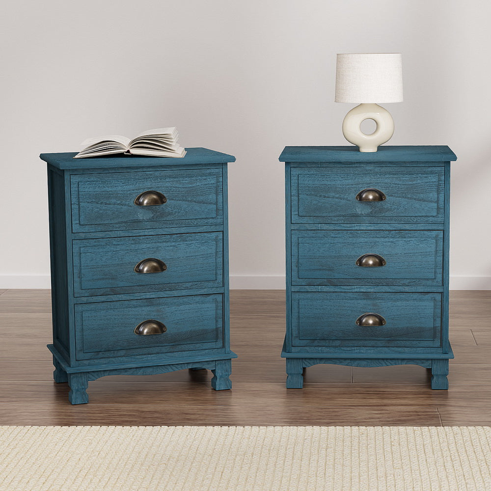 Artiss 2x Bedside Table 3 Drawers Vintage - Blue