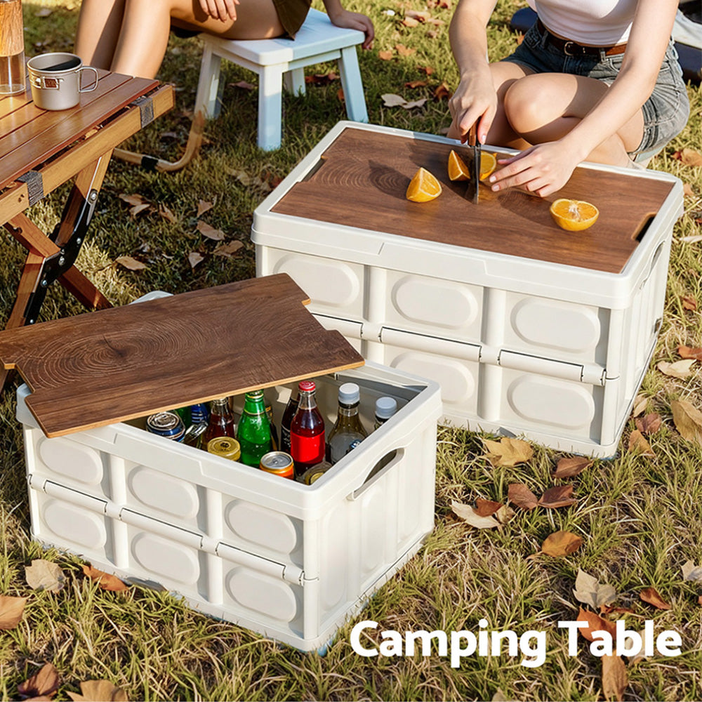 Gardeon Collapsible Outdoor Storage Box 50L Stackable Folding Camping Organizer Plywood Lid Beige