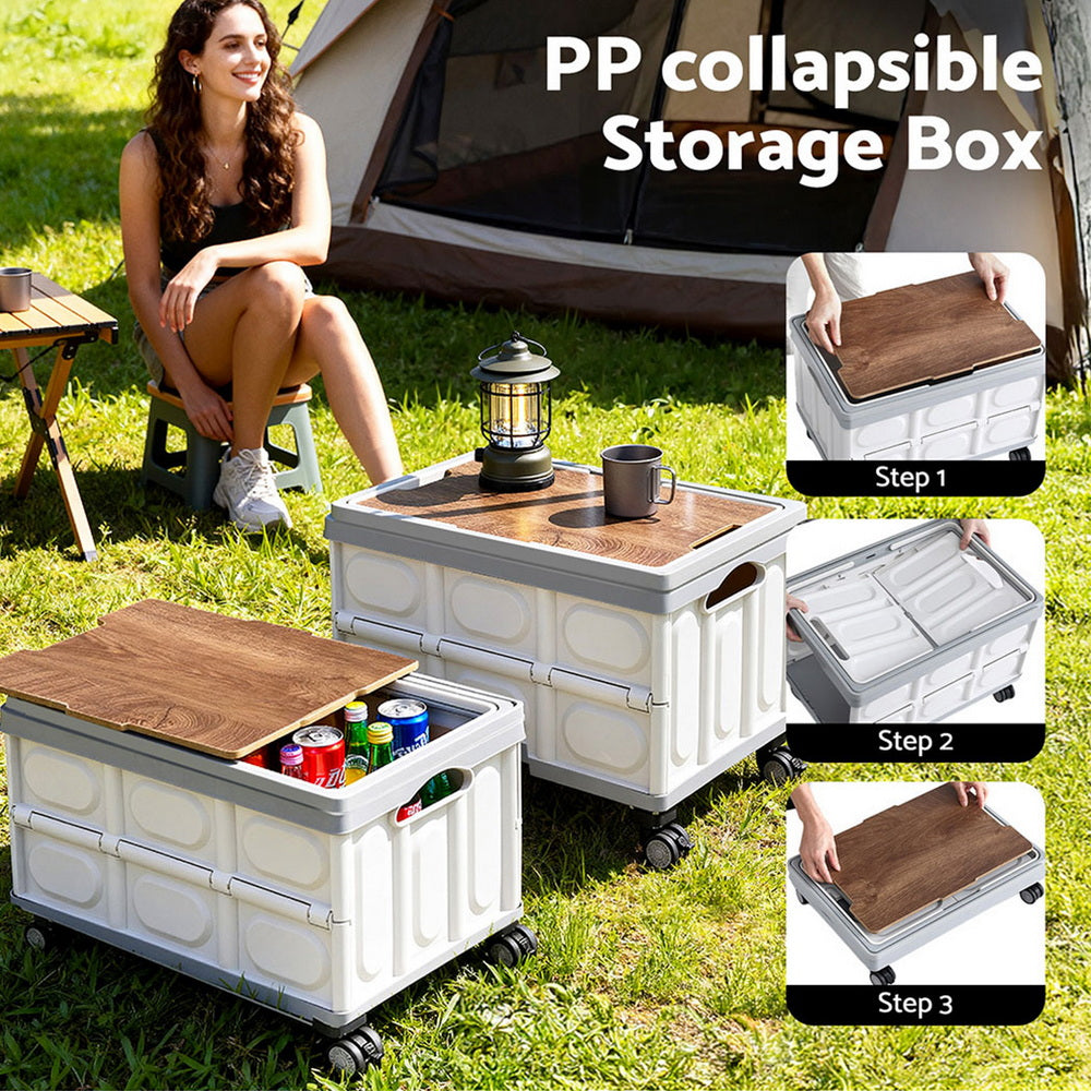 Gardeon Collapsible Outdoor Storage Box 54L Stackable Folding Camping Organizer Wheels Plywood Lid Beige