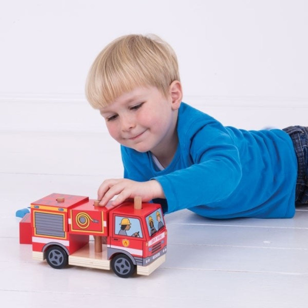 Bigjigs Toys Wooden Stacking Fire Engine Educational Toy for Toddlers