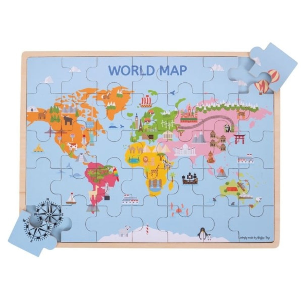 Bigjigs Toys World Map Puzzle Educational Wooden Geography Puzzle for Kids