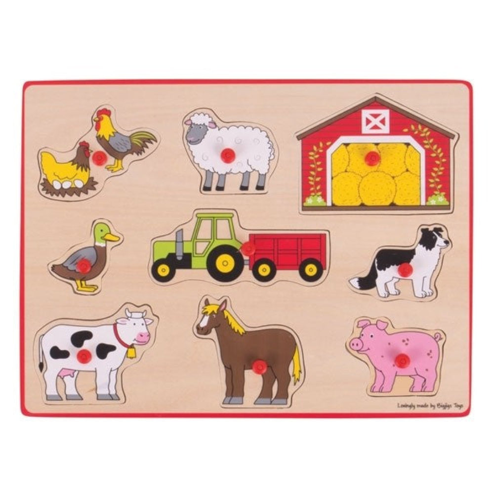 Bigjigs Toys Farm Animal Lift Out Puzzle for Toddlers Wooden Peg Puzzle Toy for Kids