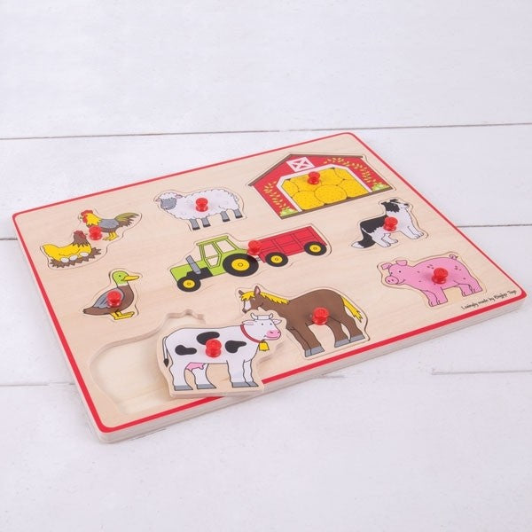 Bigjigs Toys Farm Animal Lift Out Puzzle for Toddlers Wooden Peg Puzzle Toy for Kids