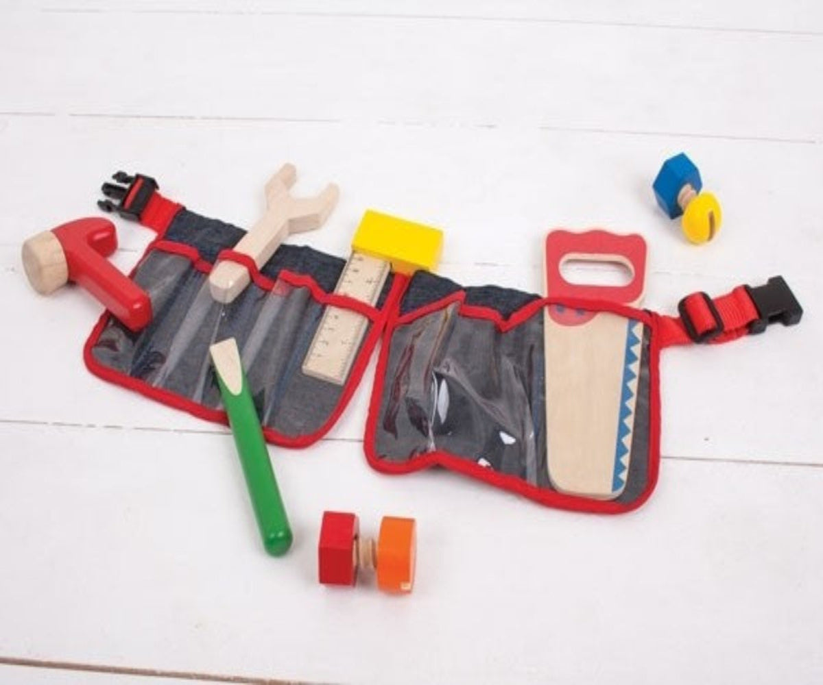 Bigjigs Toys Red Carpenter Tool Belt Pretend Play Construction Set