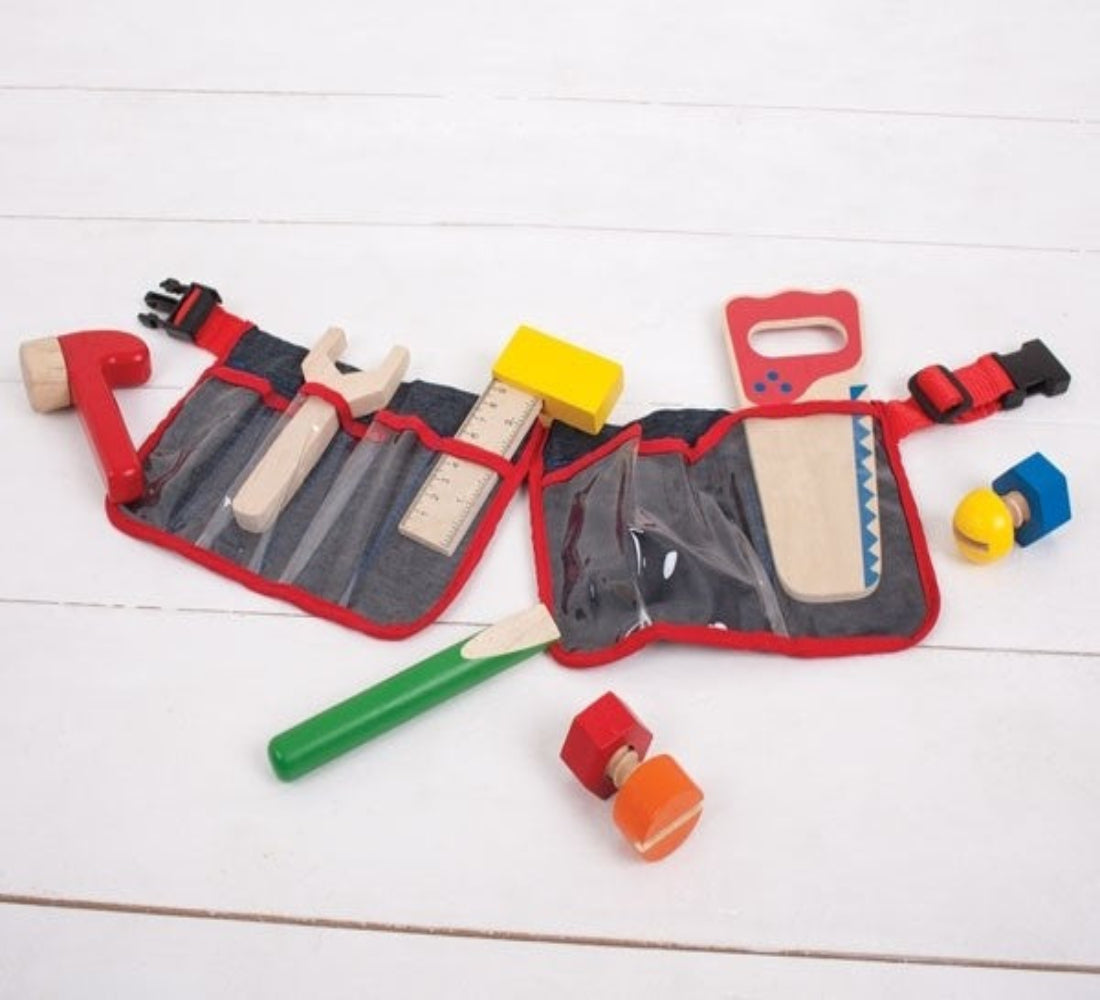 Bigjigs Toys Red Carpenter Tool Belt Pretend Play Construction Set