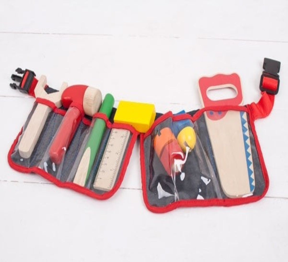 Bigjigs Toys Red Carpenter Tool Belt Pretend Play Construction Set