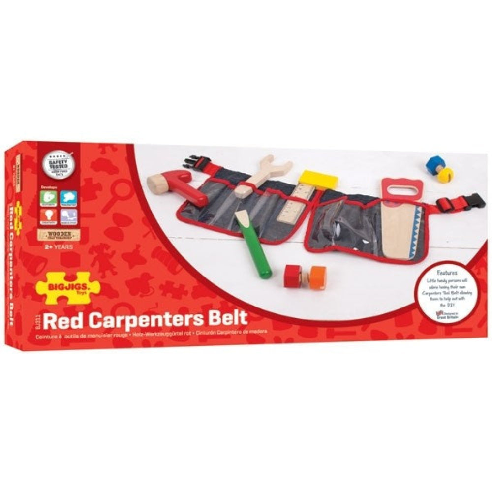 Bigjigs Toys Red Carpenter Tool Belt Pretend Play Construction Set