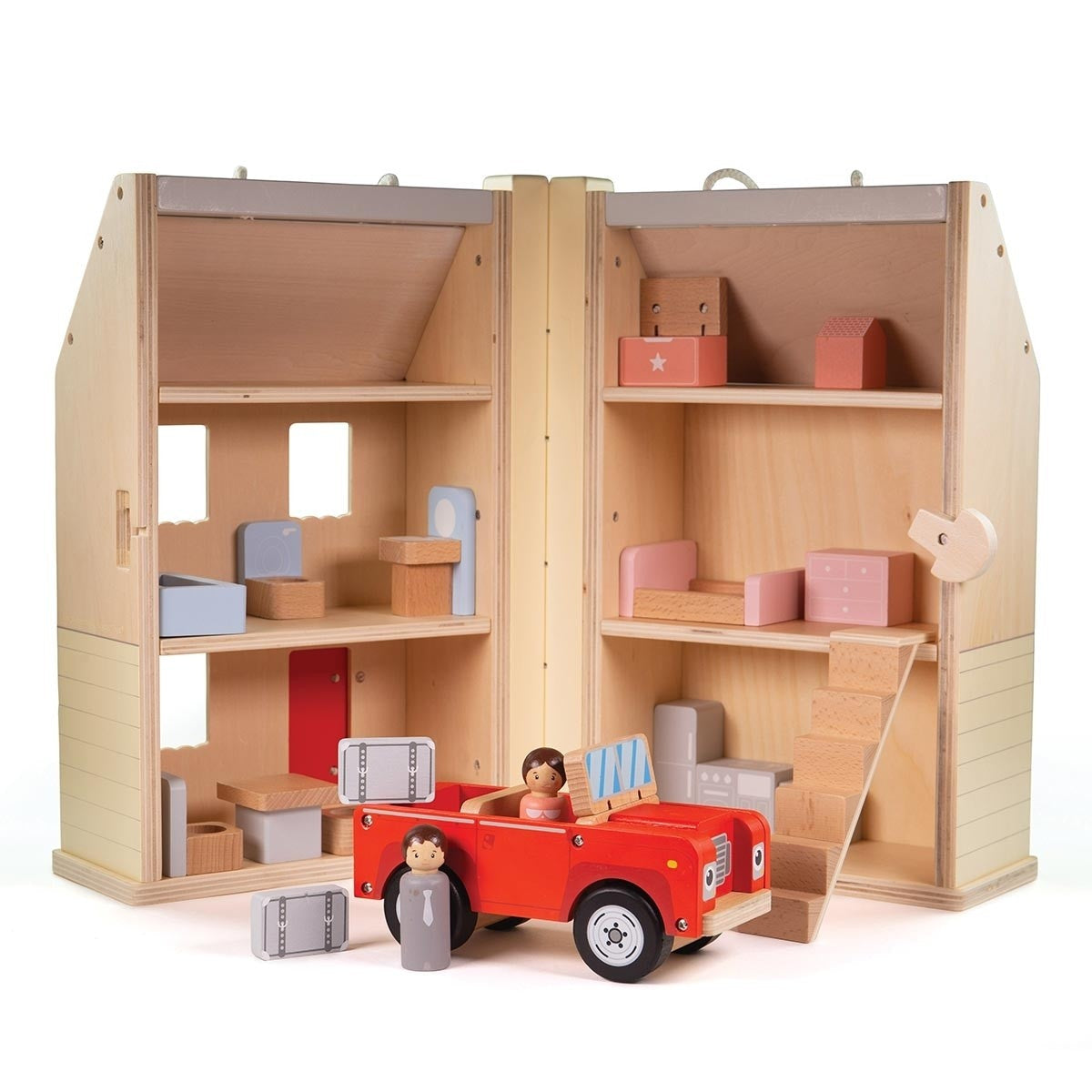 Bigjigs Toys Folding Dolls House Set Wooden Dollhouse with Furniture, Car & Peg People