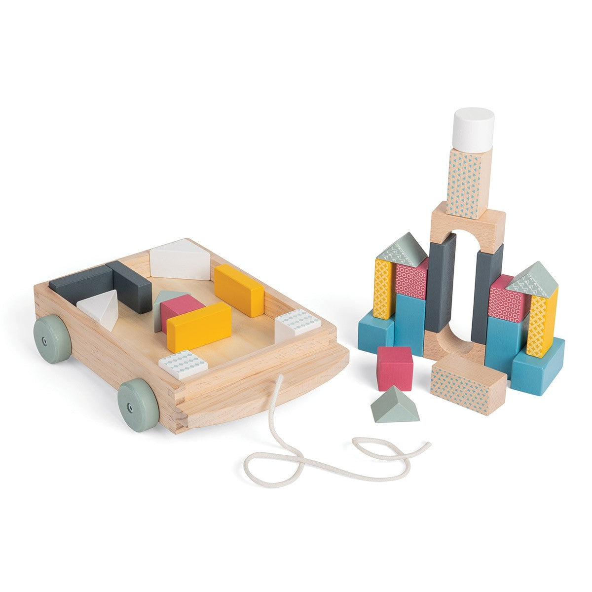 Bigjigs Toys FSC Certified Wooden Brick Cart Pull Along Building Toy for Toddlers