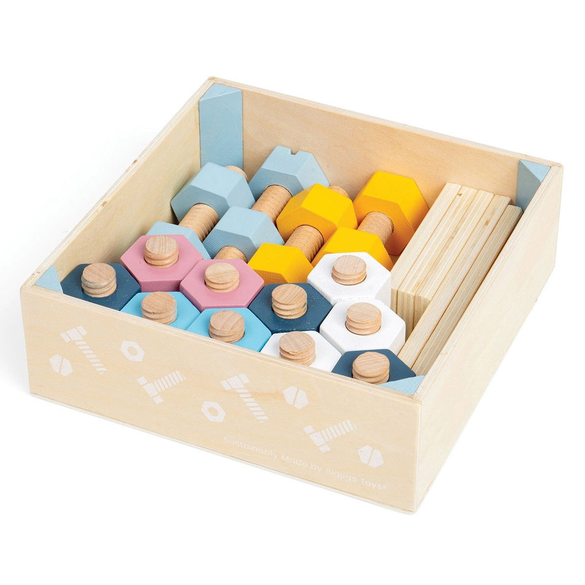 Bigjigs Toys Wooden Nuts and Bolts Set Toy in Storage Crate for Creative Play
