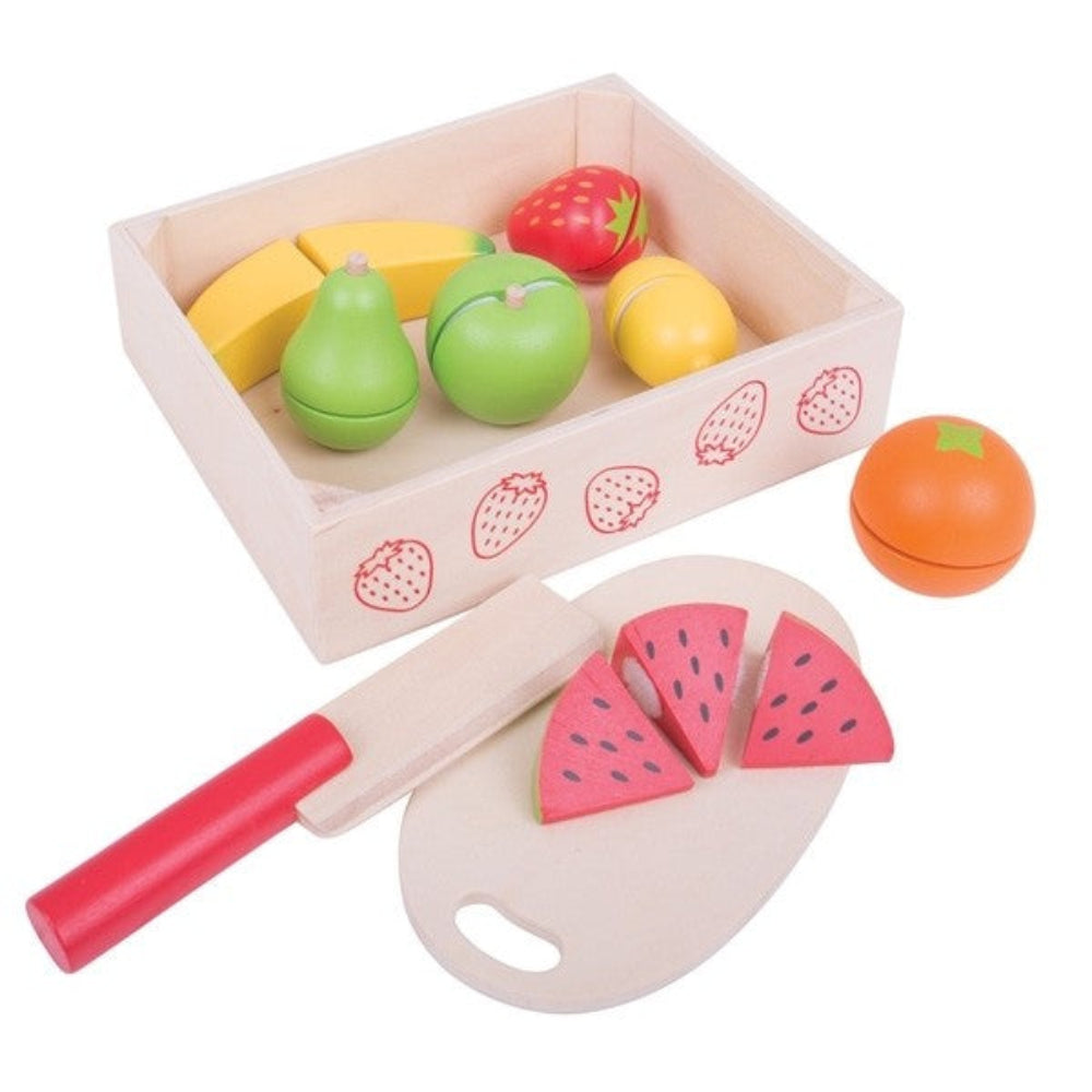 Bigjigs Toys Wooden Cutting Fruit Crate Pretend Play Food Set for Kids