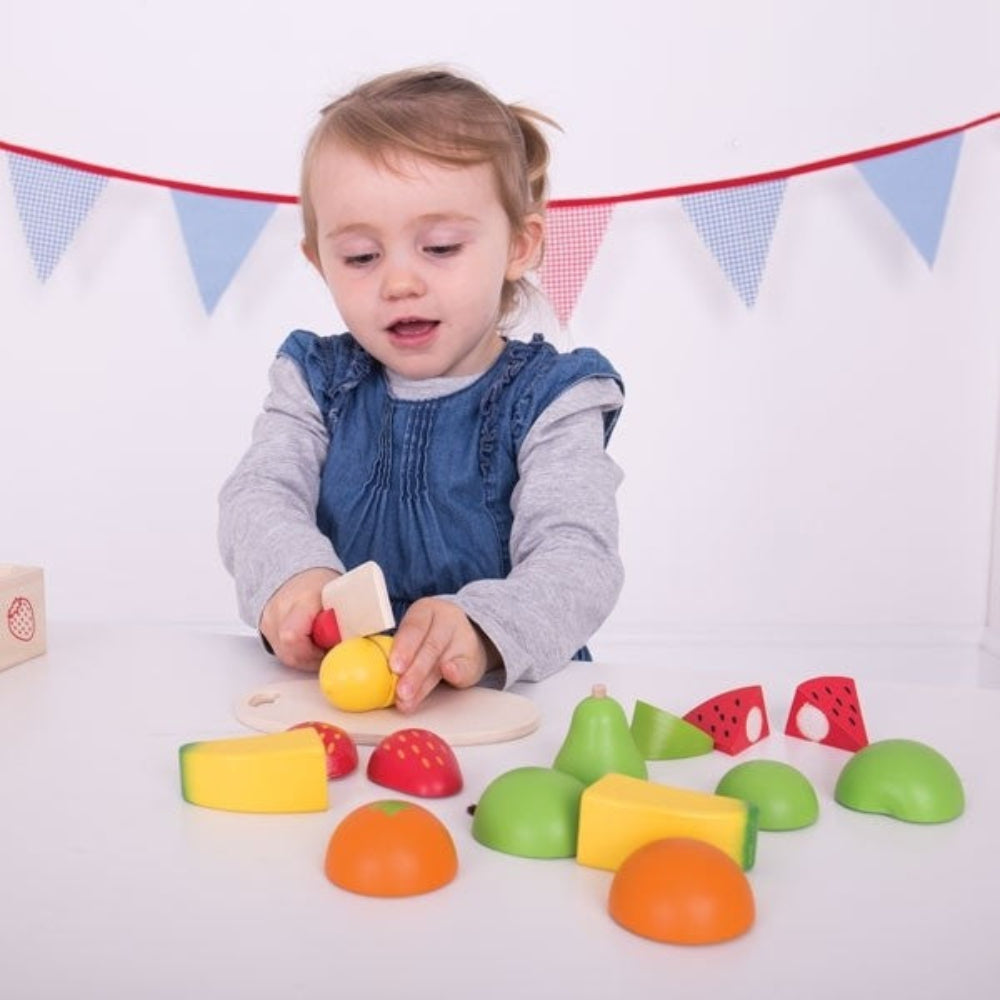 Bigjigs Toys Wooden Cutting Fruit Crate Pretend Play Food Set for Kids