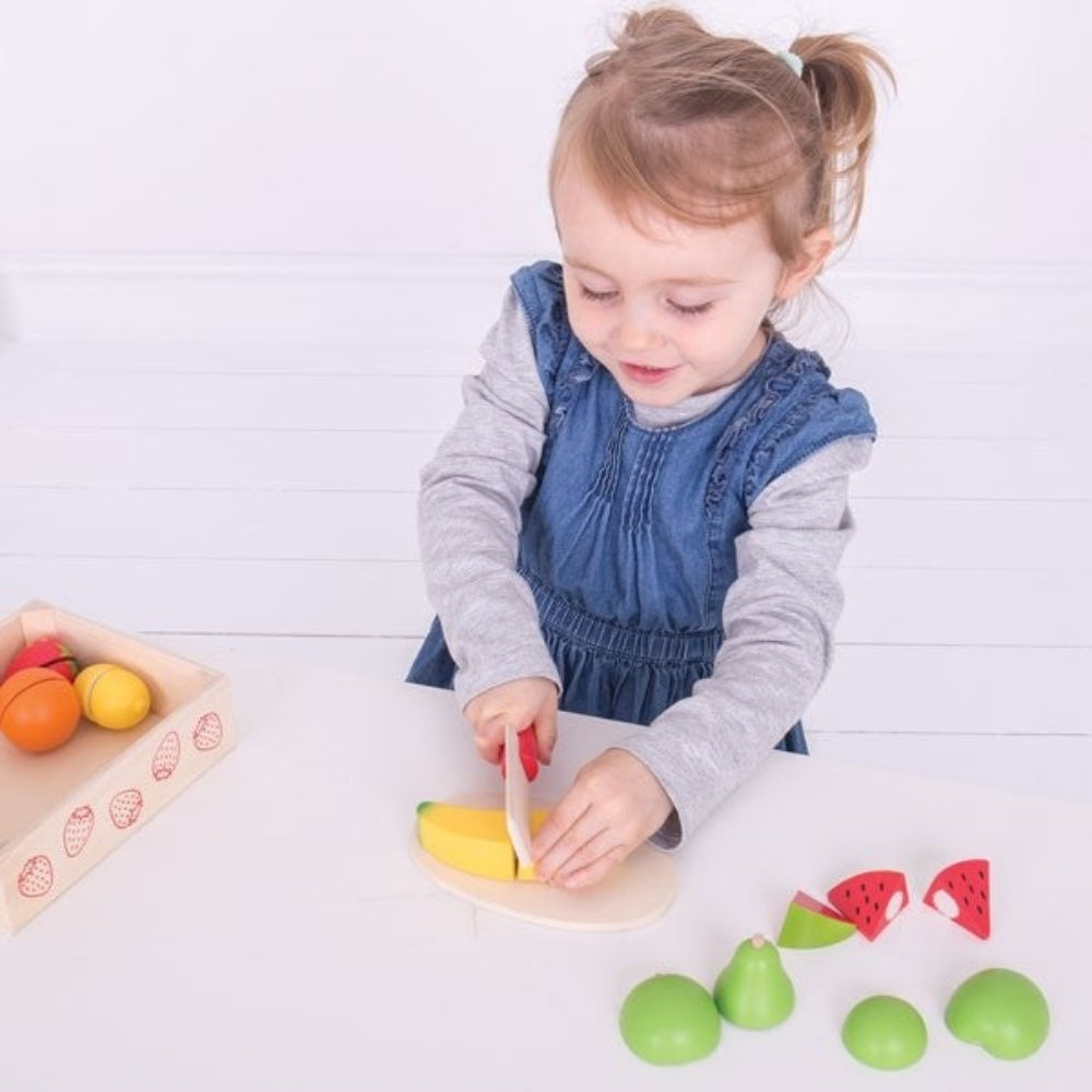 Bigjigs Toys Wooden Cutting Fruit Crate Pretend Play Food Set for Kids