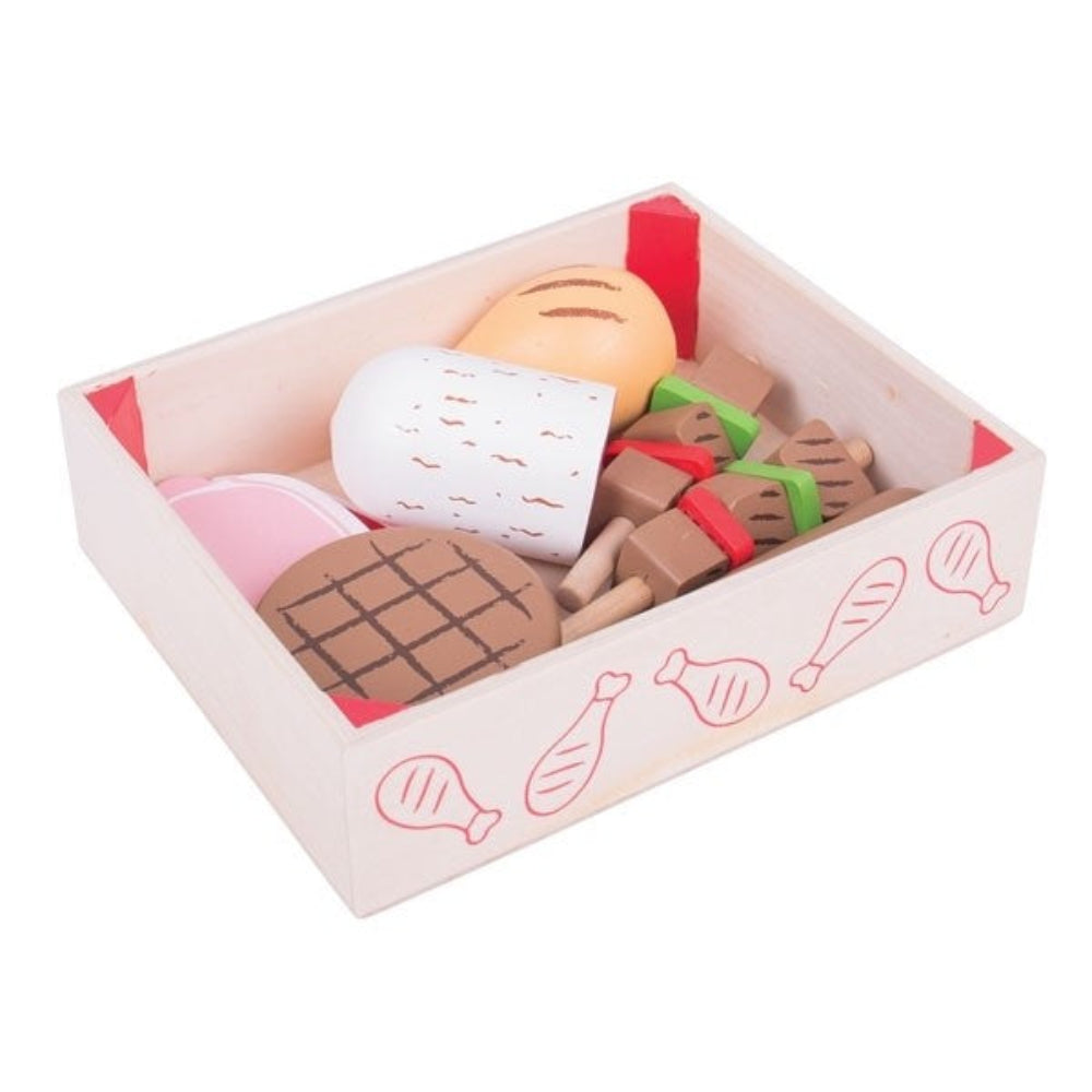 Bigjigs Toys Wooden Butcher's Crate Pretend Play Food Set for Kids