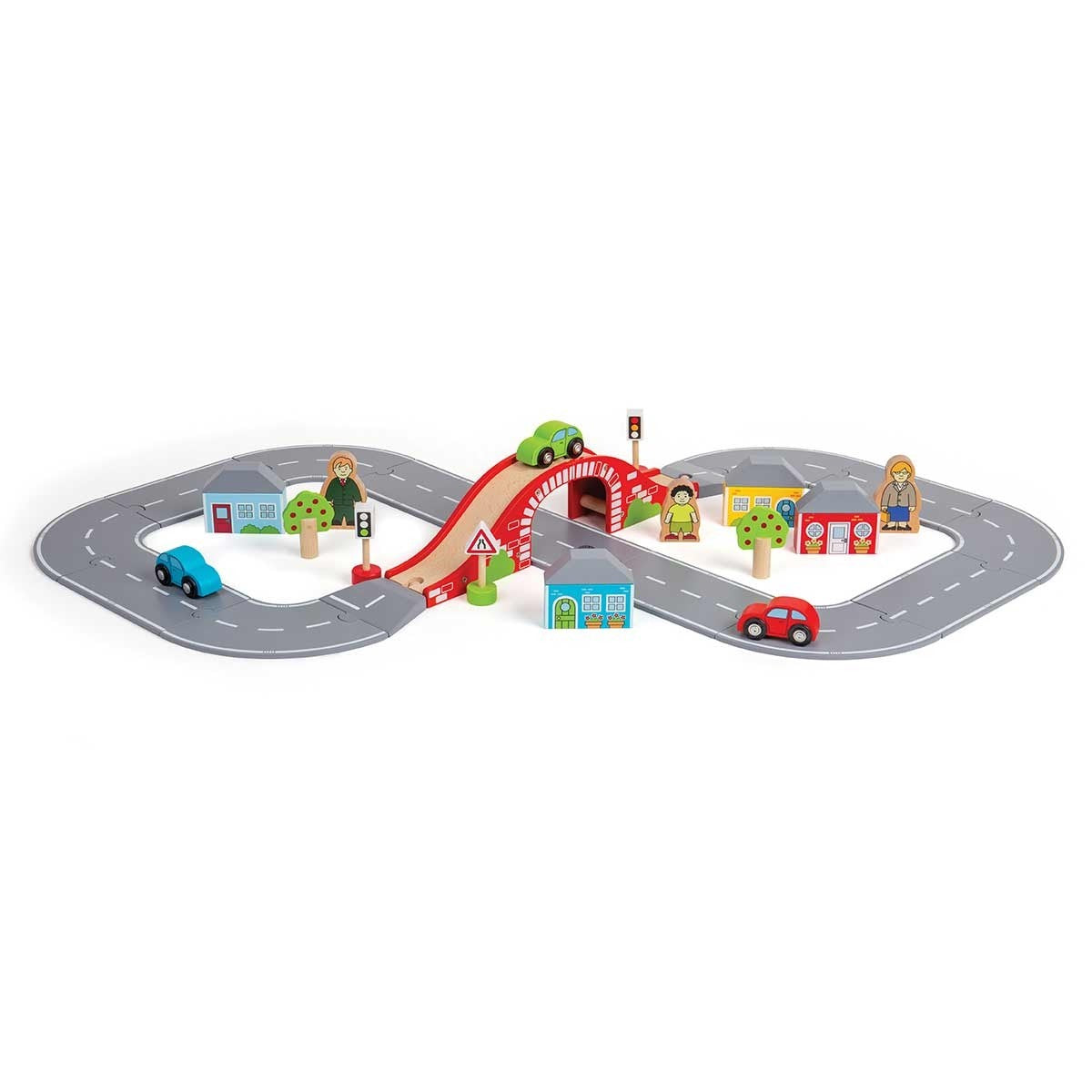 Bigjigs Rail Wooden Figure 8 Road Set Toy Car Track Playset with Accessories