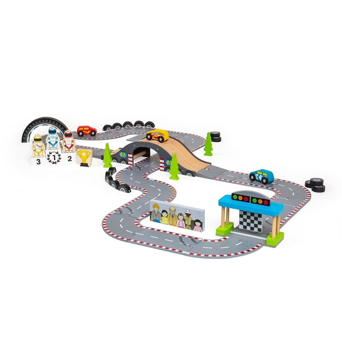 Bigjigs Rail Roadway Race Day Set Wooden Toy Car Racing Playset
