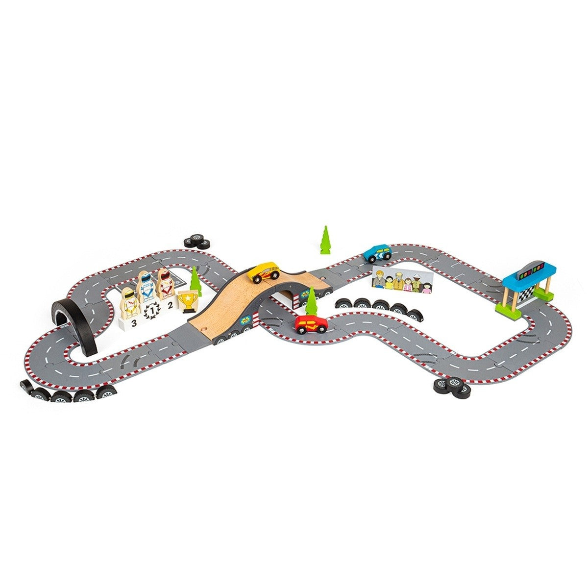 Bigjigs Rail Roadway Race Day Set Wooden Toy Car Racing Playset