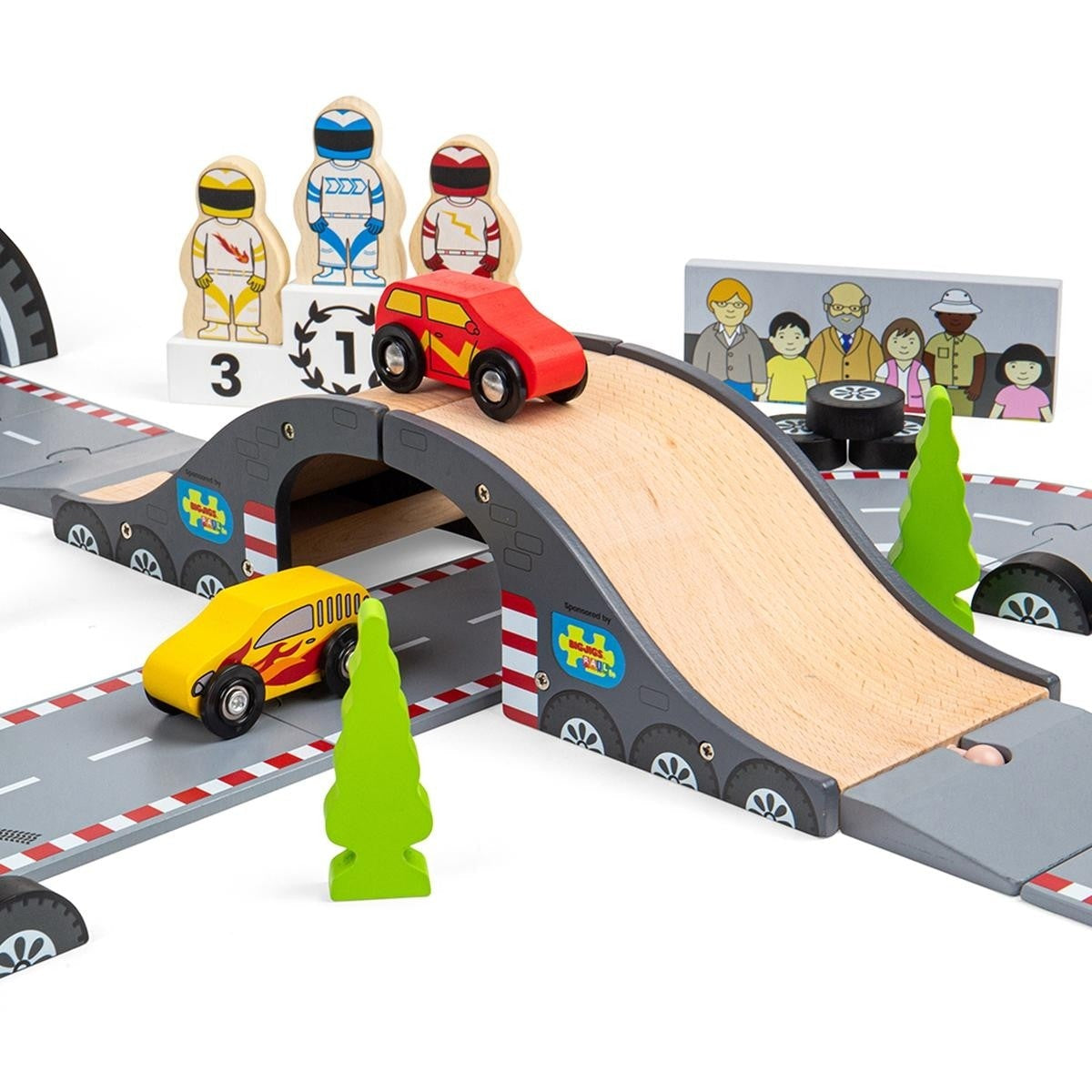 Bigjigs Rail Roadway Race Day Set Wooden Toy Car Racing Playset