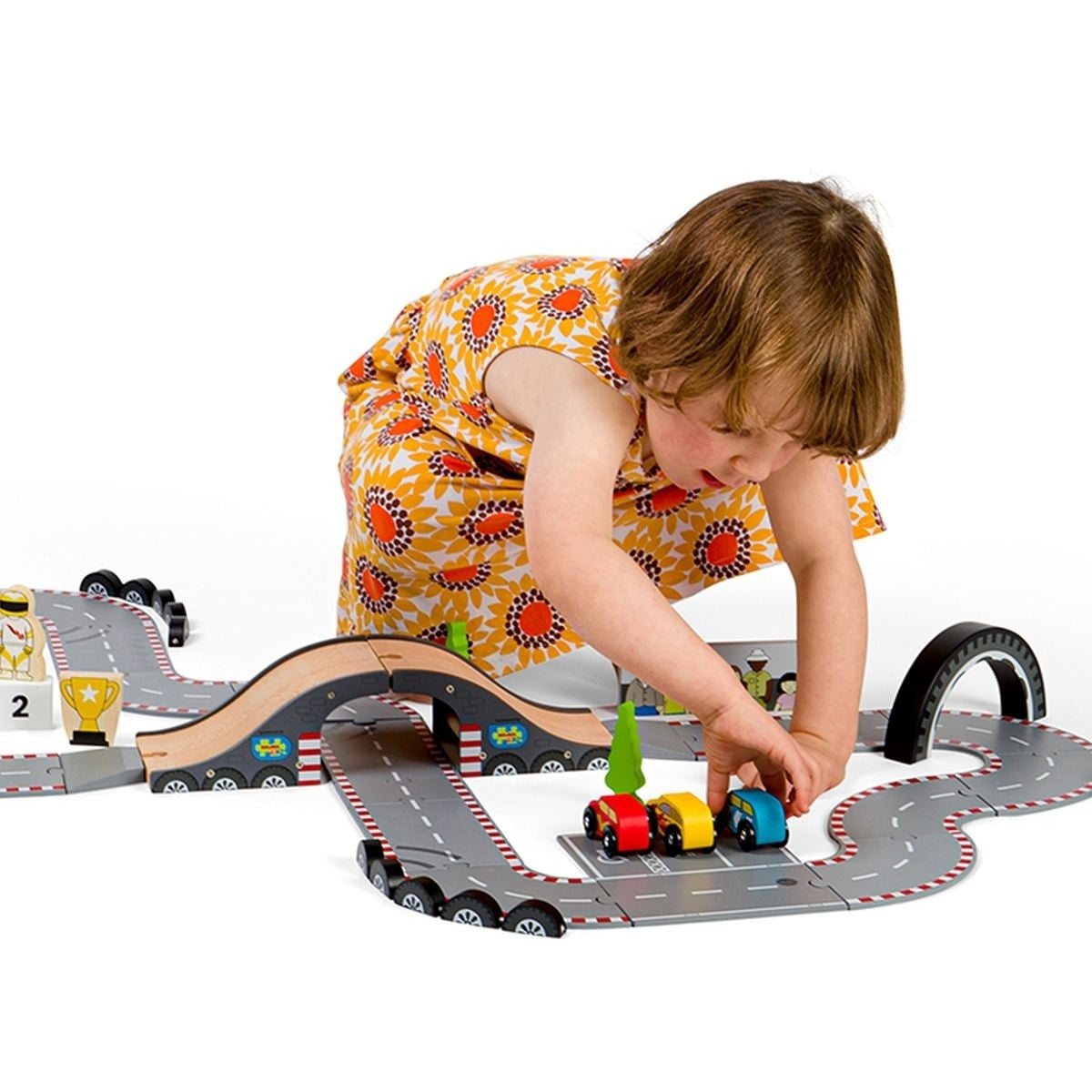 Bigjigs Rail Roadway Race Day Set Wooden Toy Car Racing Playset