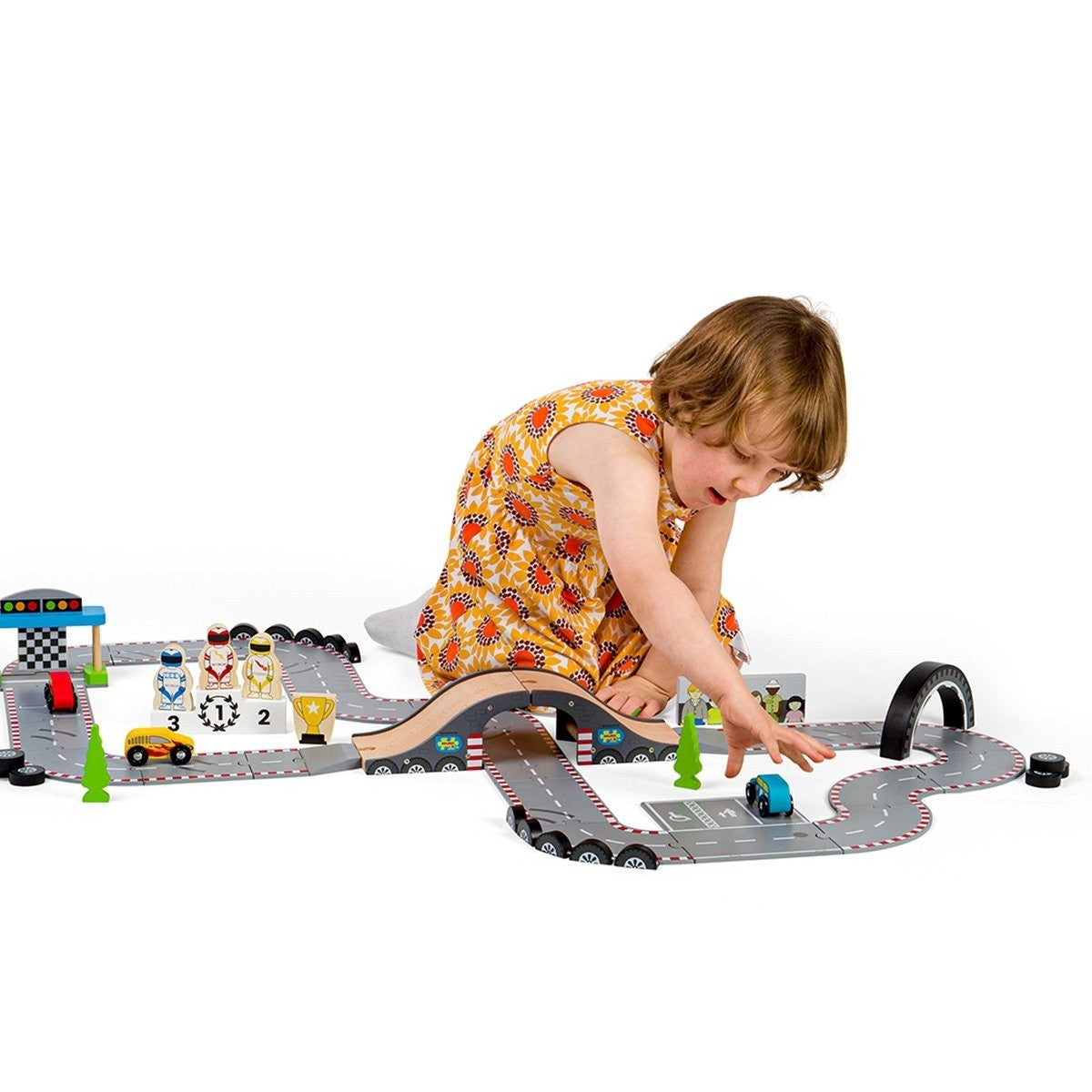 Bigjigs Rail Roadway Race Day Set Wooden Toy Car Racing Playset