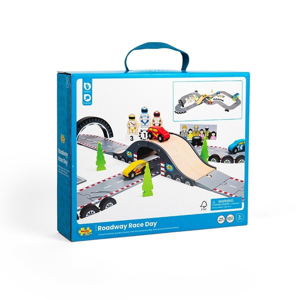 Bigjigs Rail Roadway Race Day Set Wooden Toy Car Racing Playset