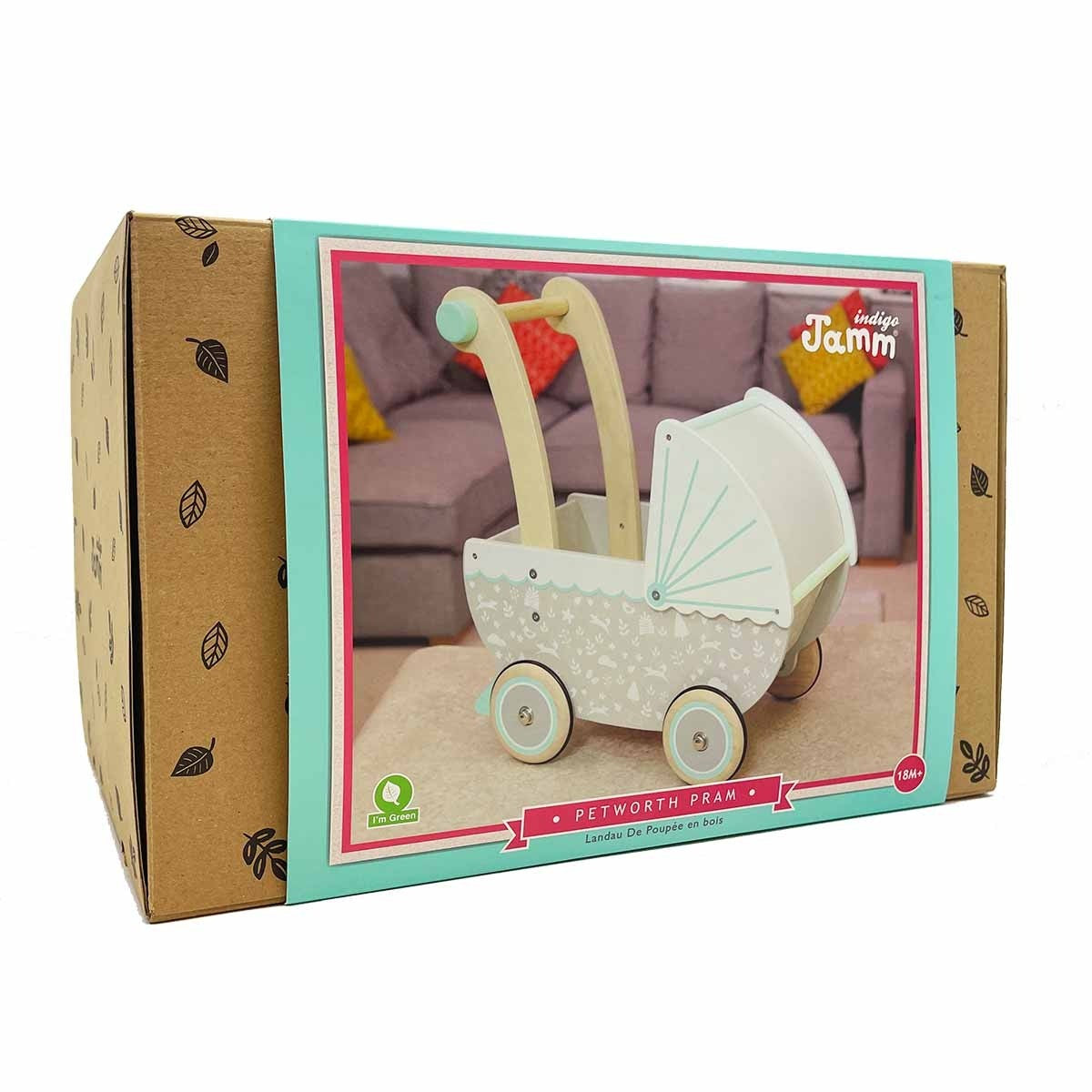 Indigo Jamm Wooden Petworth Pram Scandinavian Style Doll Stroller with Rubber Wheels