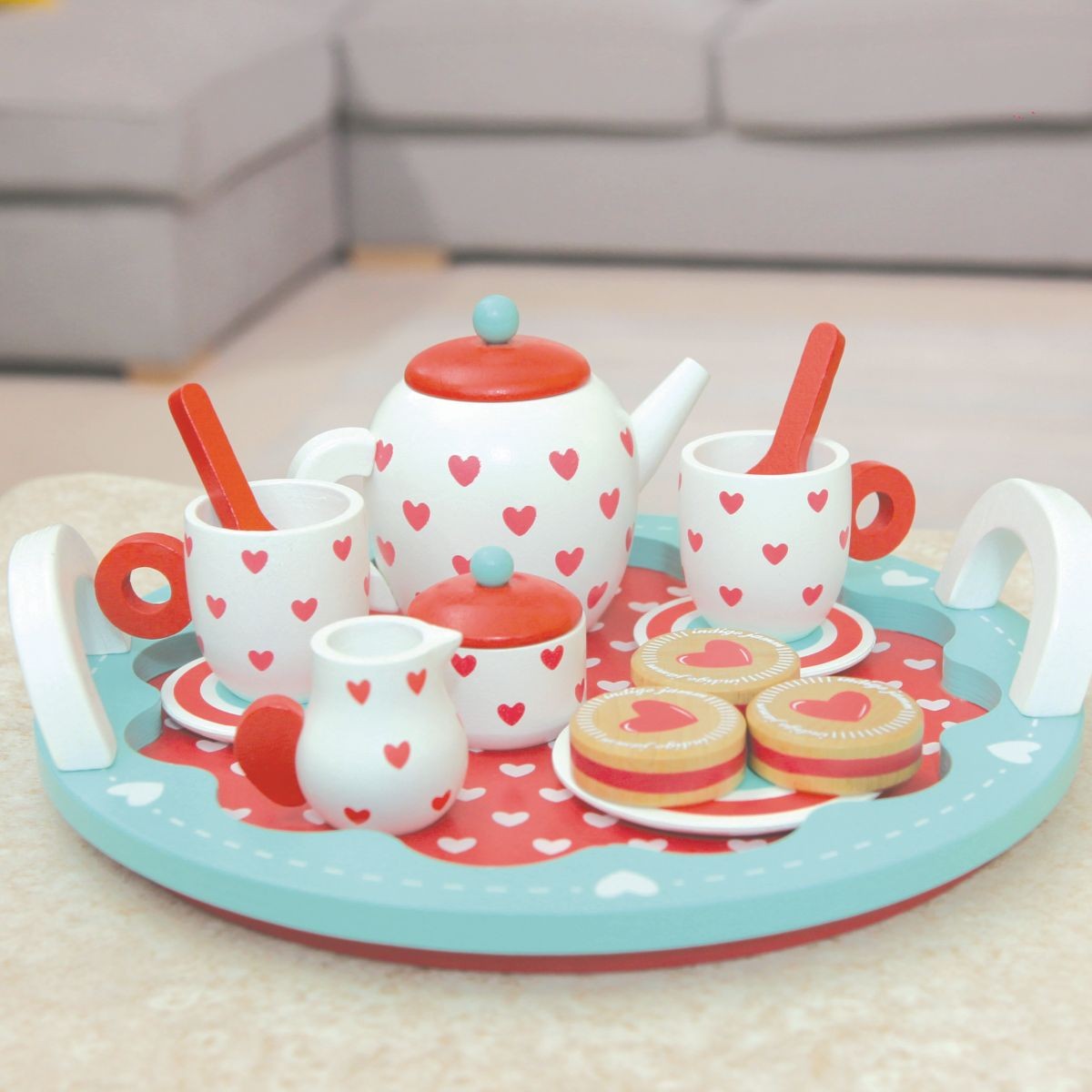Indigo Jamm Hearts Tea Set Wooden 10-Piece Pretend Play Tea Party Set for Kids