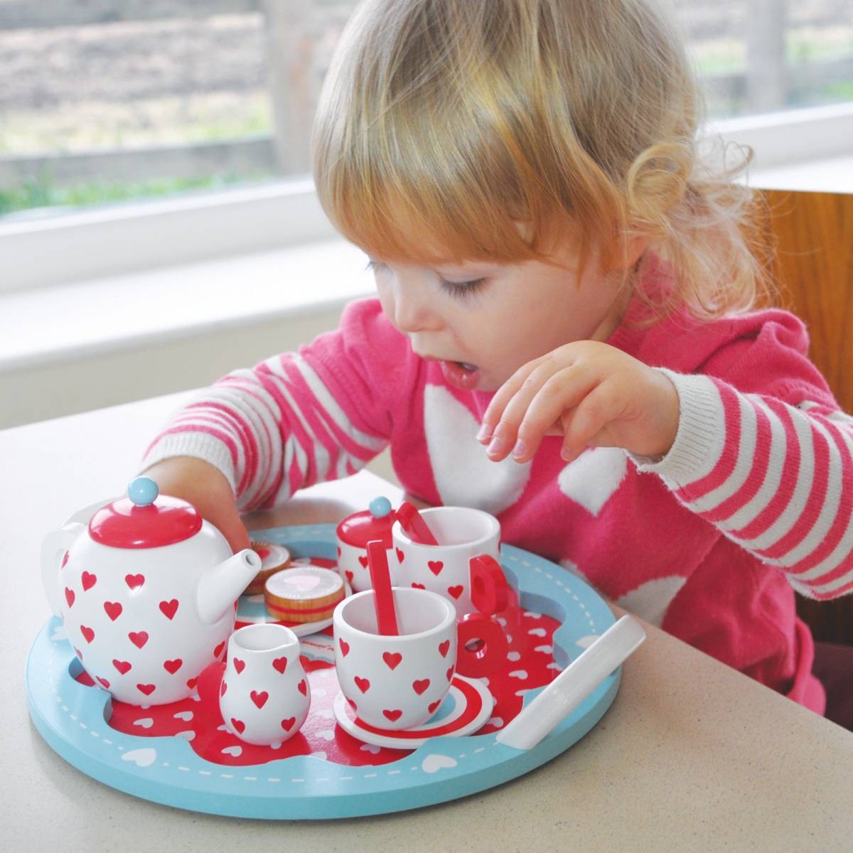 Indigo Jamm Hearts Tea Set Wooden 10-Piece Pretend Play Tea Party Set for Kids