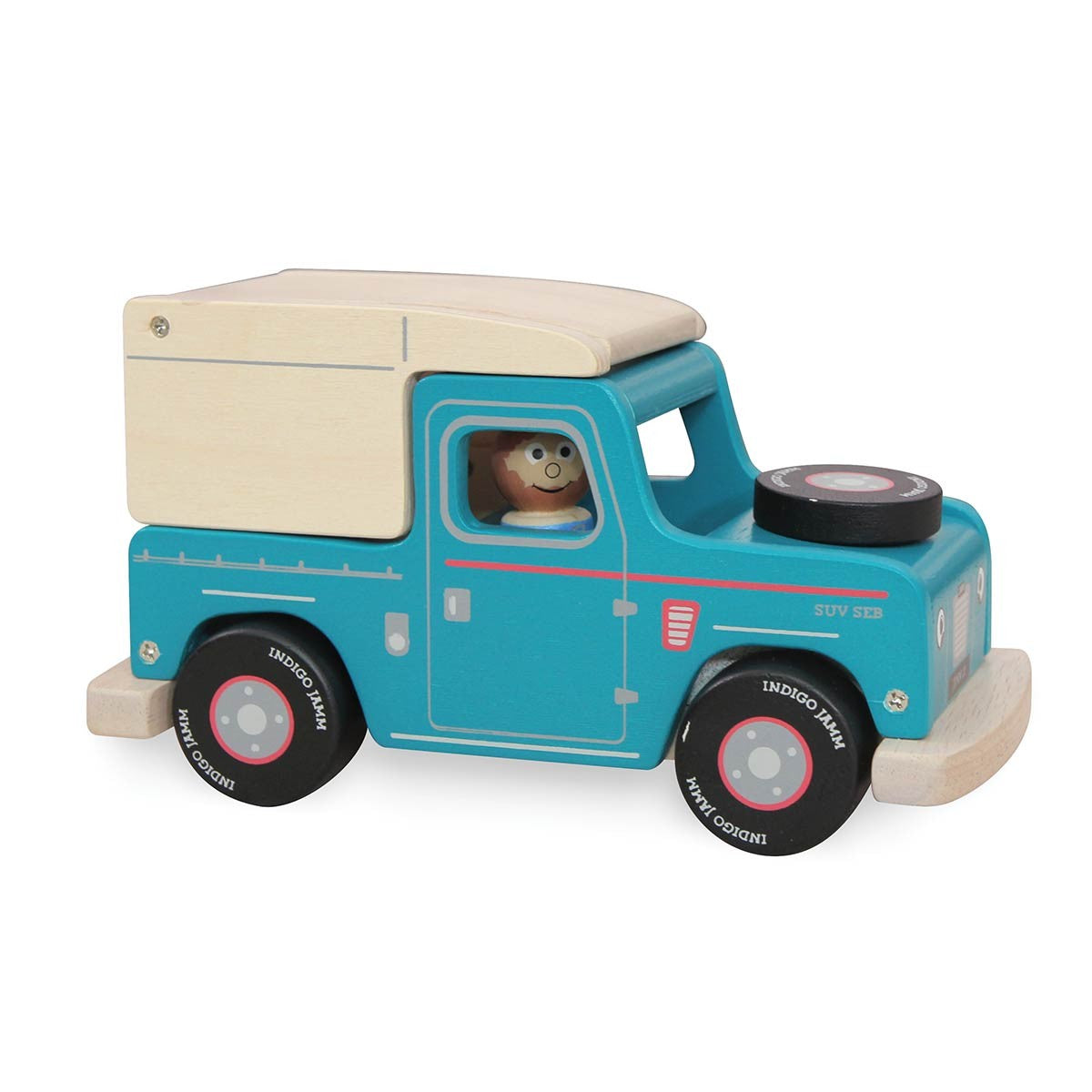 Indigo Jamm SUV Seb Farm 4x4 Wooden Off-Road Adventure Vehicle with Peg Farmer and Dog