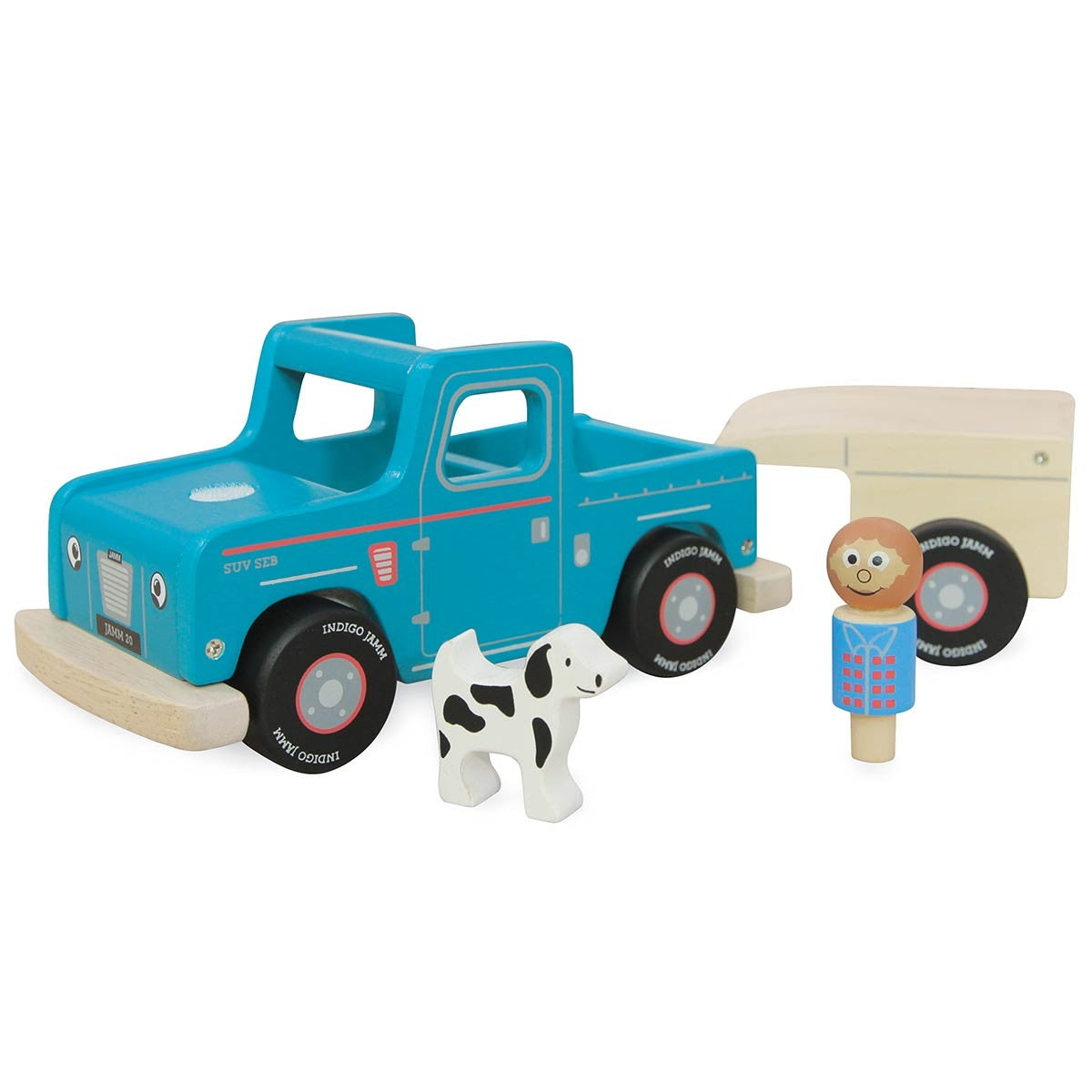 Indigo Jamm SUV Seb Farm 4x4 Wooden Off-Road Adventure Vehicle with Peg Farmer and Dog