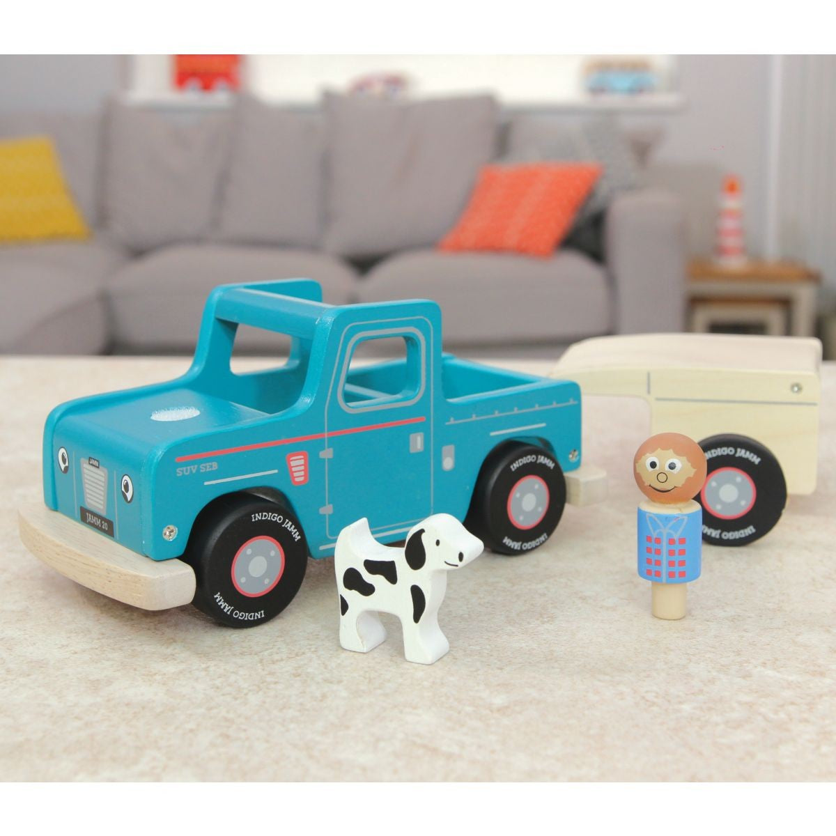 Indigo Jamm SUV Seb Farm 4x4 Wooden Off-Road Adventure Vehicle with Peg Farmer and Dog