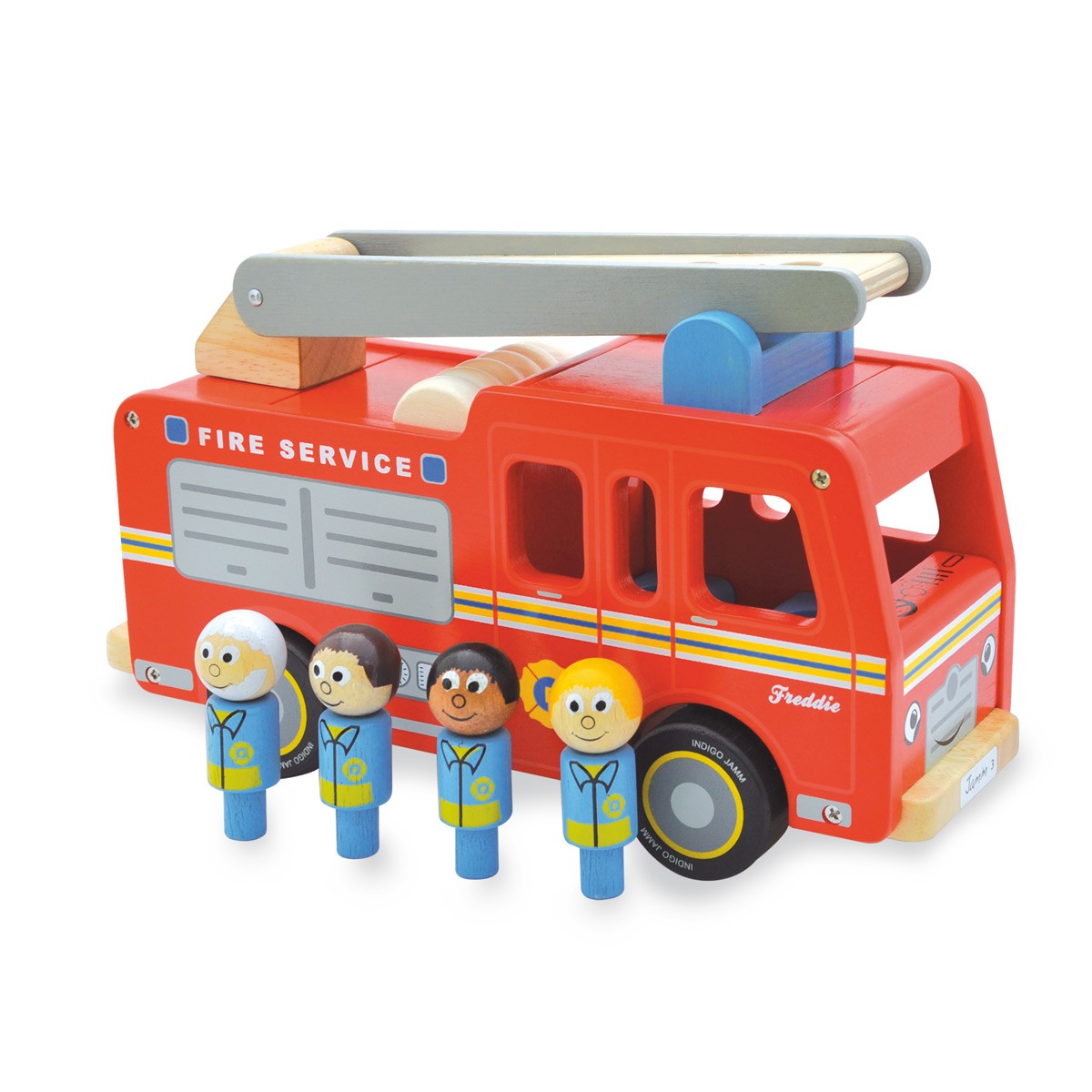 Indigo Jamm Wooden Freddie Fire Engine Red Fire Truck Toy with Ladder and 4 Peg People