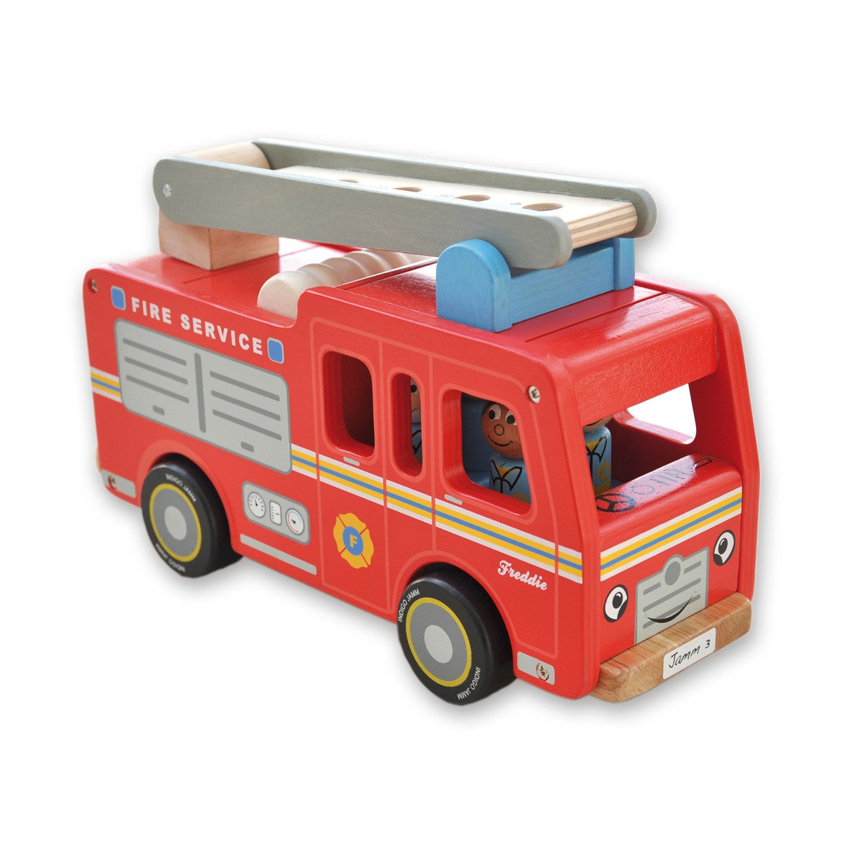 Indigo Jamm Wooden Freddie Fire Engine Red Fire Truck Toy with Ladder and 4 Peg People