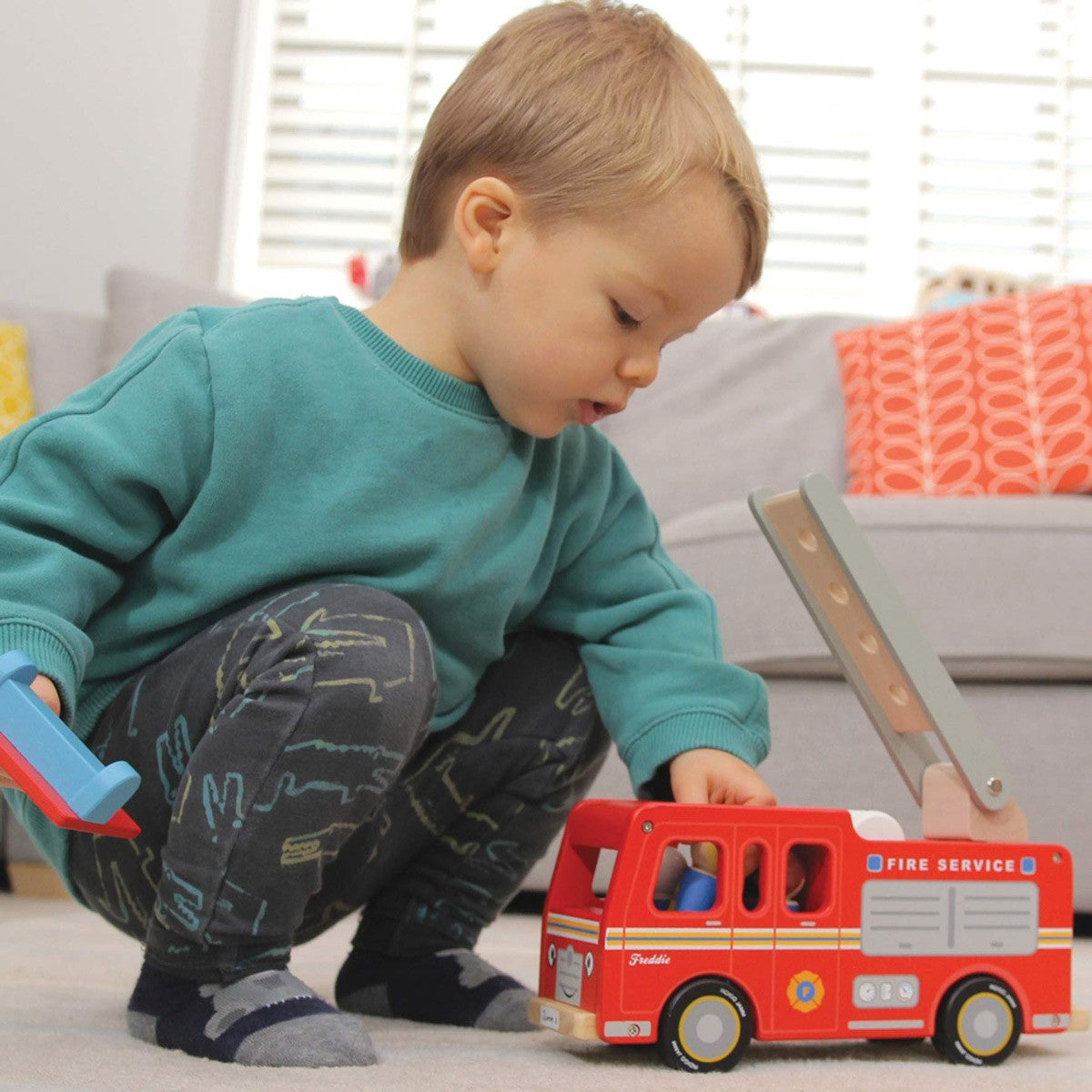 Indigo Jamm Wooden Freddie Fire Engine Red Fire Truck Toy with Ladder and 4 Peg People