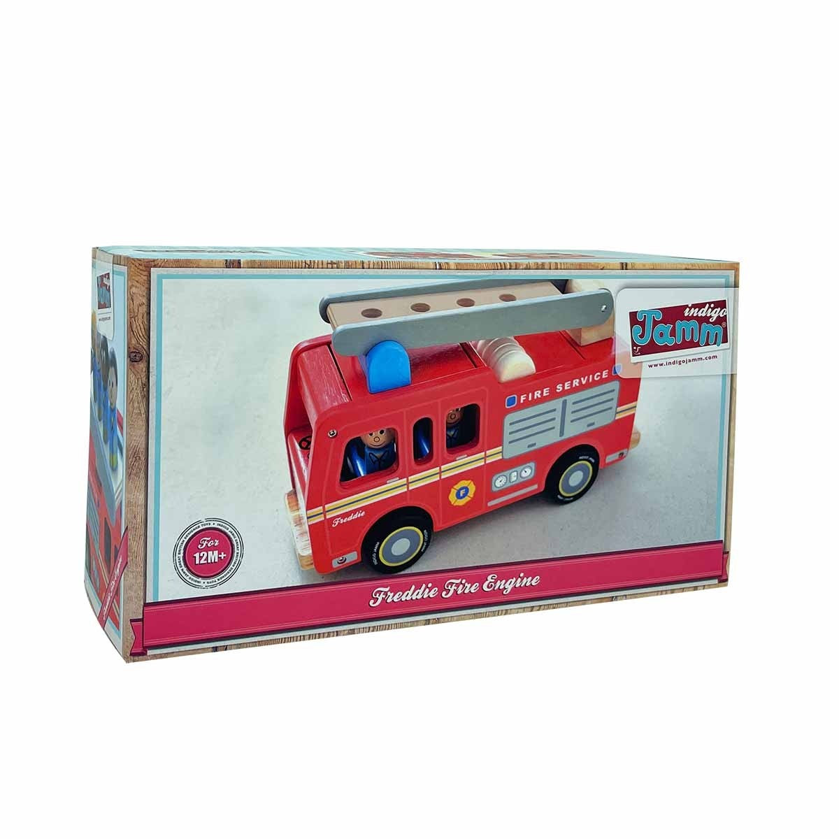 Indigo Jamm Wooden Freddie Fire Engine Red Fire Truck Toy with Ladder and 4 Peg People
