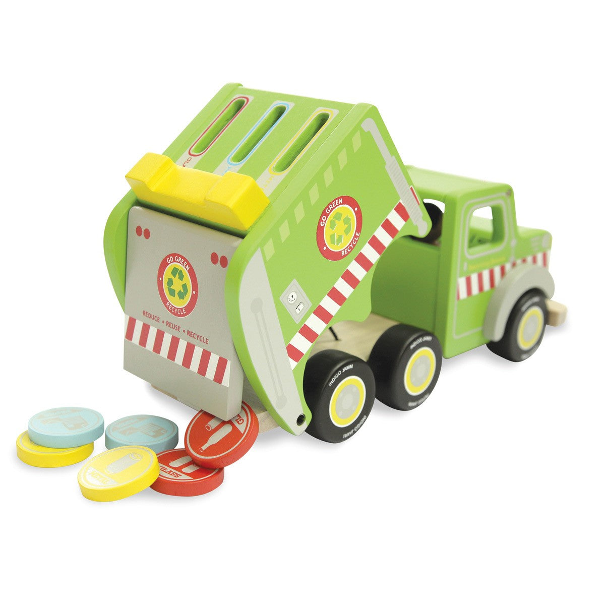 Indigo Jamm Recycling Ronnie Wooden Recycling Truck Toy with Sorting Discs for Kids